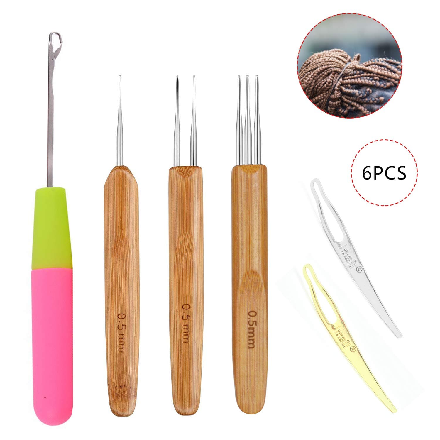 Snnetwork Dreadlock Crochet Hook, 3 Pieces 0.5 mm Dreadlock Needle with Wooden Handle 1 Hook, 2 Hooks, 3 Hooks, 2 Pieces Interlocking Tool For Locs, 1 Piece Crochet Hair Hook For Braid Weaving