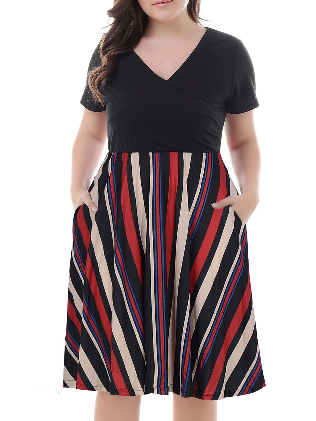 Women's V-Neck Print Pattern Casual Work Stretchy Plus Size Swing Dress with Pocket