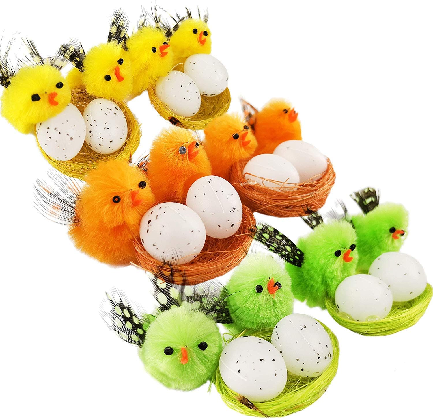 DearSun 3 boxes/set Easter Chenille Chicks with Easter Eggs in Nest Easter Party Decoration Easter Cake Decoration (Orange/Green/Yellow one box each, total 3 boxes)