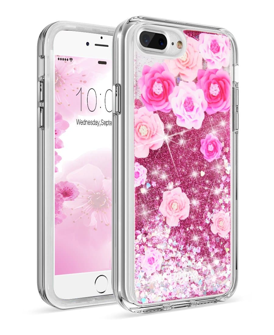 LUXMO PREMIUM Waterfall Case for iPhone 7 Plus/ 8 Plus,Quicksand Sparkling Durable Anti-Scratch Shockproof Protection Bumper Cover Case 5.5 inch for iPhone 8/7/6S/6 Plus-Pink Peony