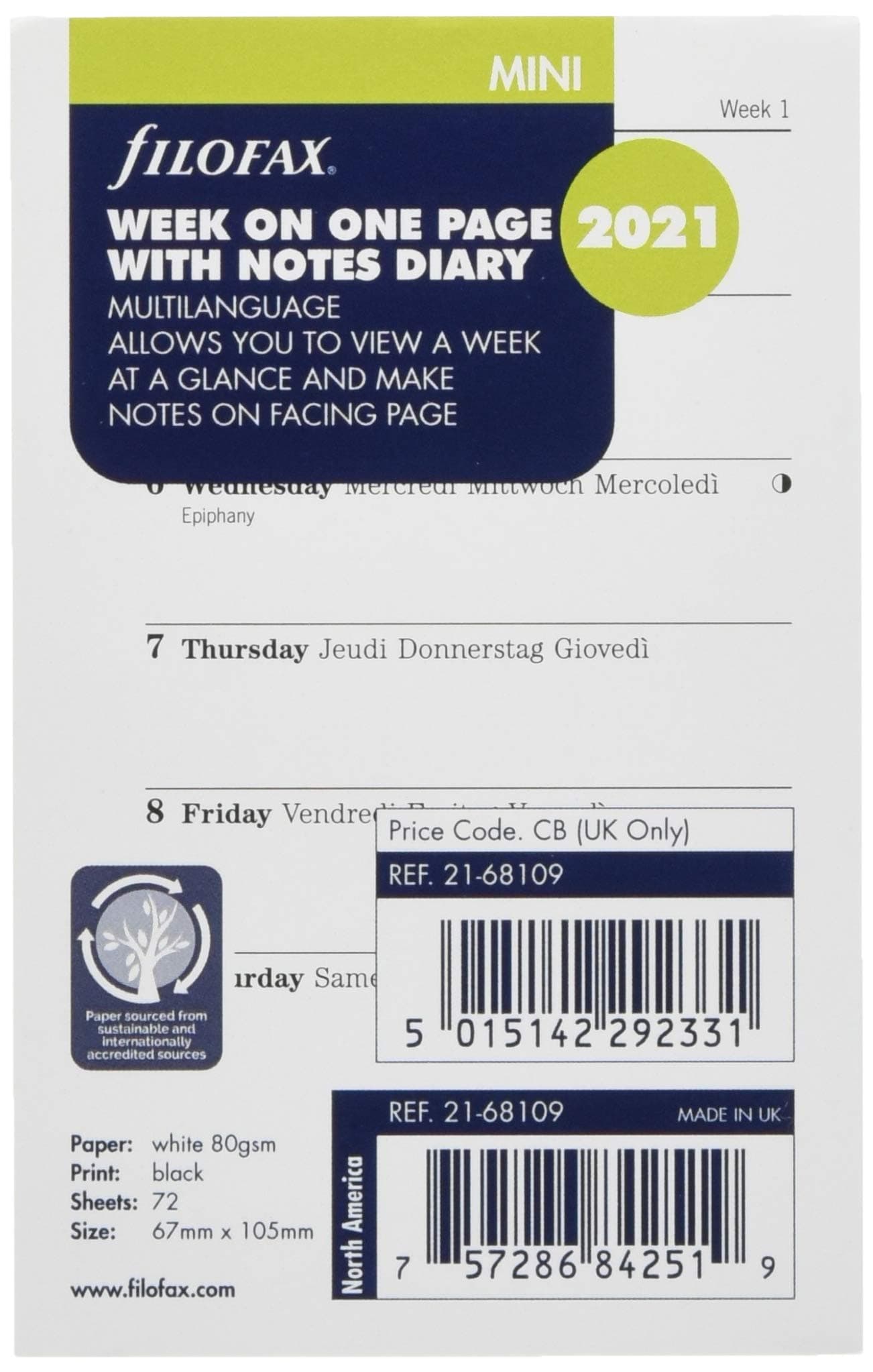 Filofax Mini Week on one Page with Notes 2021 Diary Refill