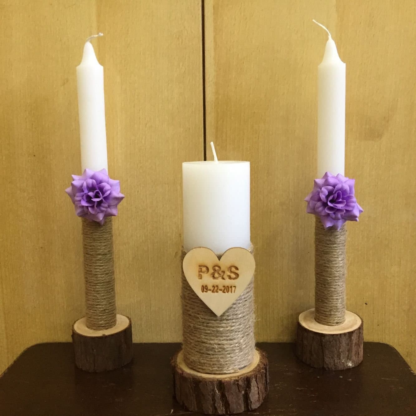 Custom Wedding Candle Set, Rustic Wedding Unity Candle Set with Flowers, Purple Wedding Gift, Rustic Unity Candles Set of 3, Personalized Bridal Shower Gift