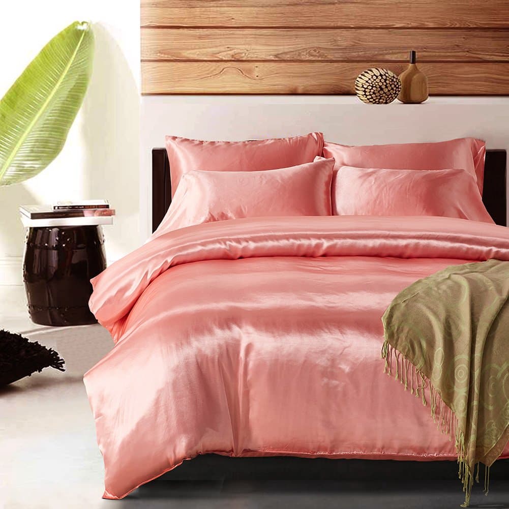 Luxury Satin Silky Smooth 4pcs Bedding Set Include 1 Duvet Cover 1 Fitted Sheet 2 Pillowcases King Size Pink