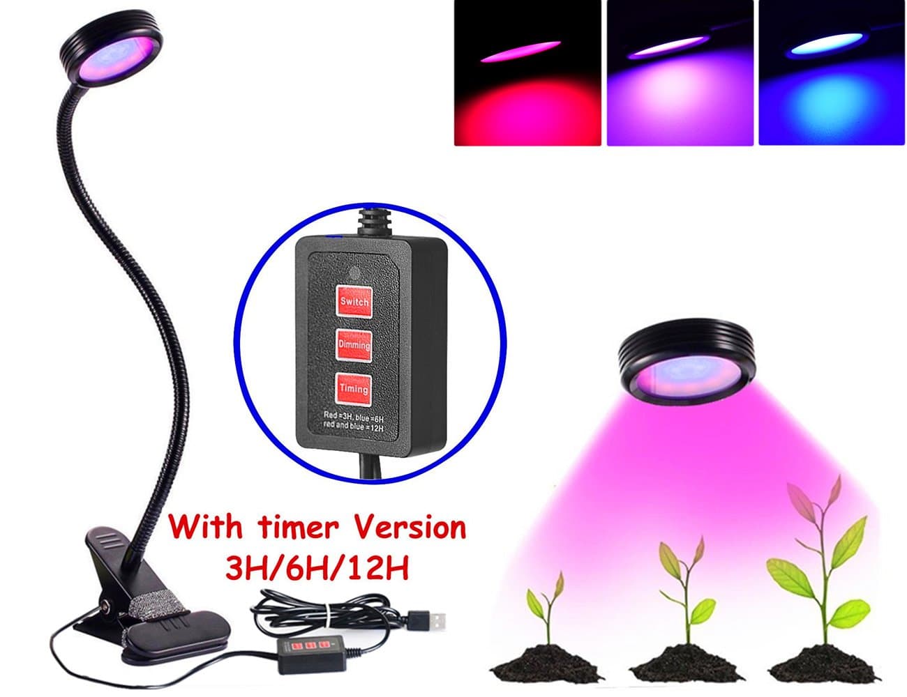 【Upgrade Timer Version】LED Plant Grow Light , Florally Clip On 10W Adjustable 5 Level Dimmable Desktop Grow Lights Lamp Bulb Clamp Flexible Gooseneck For Indoor Plants Hydroponics Greenhouse Gardening Computers Desk Office Task Lighting USB Bedside Lamp (Adapter Not Included)