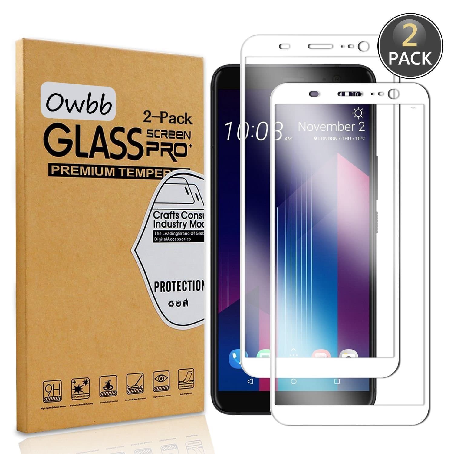 Owbb [2 Pack] Tempered Glass Screen Protector For HTC U11+/U11 Plus White Full Coverage Film 99% Hardness High Transparent Explosion-proof