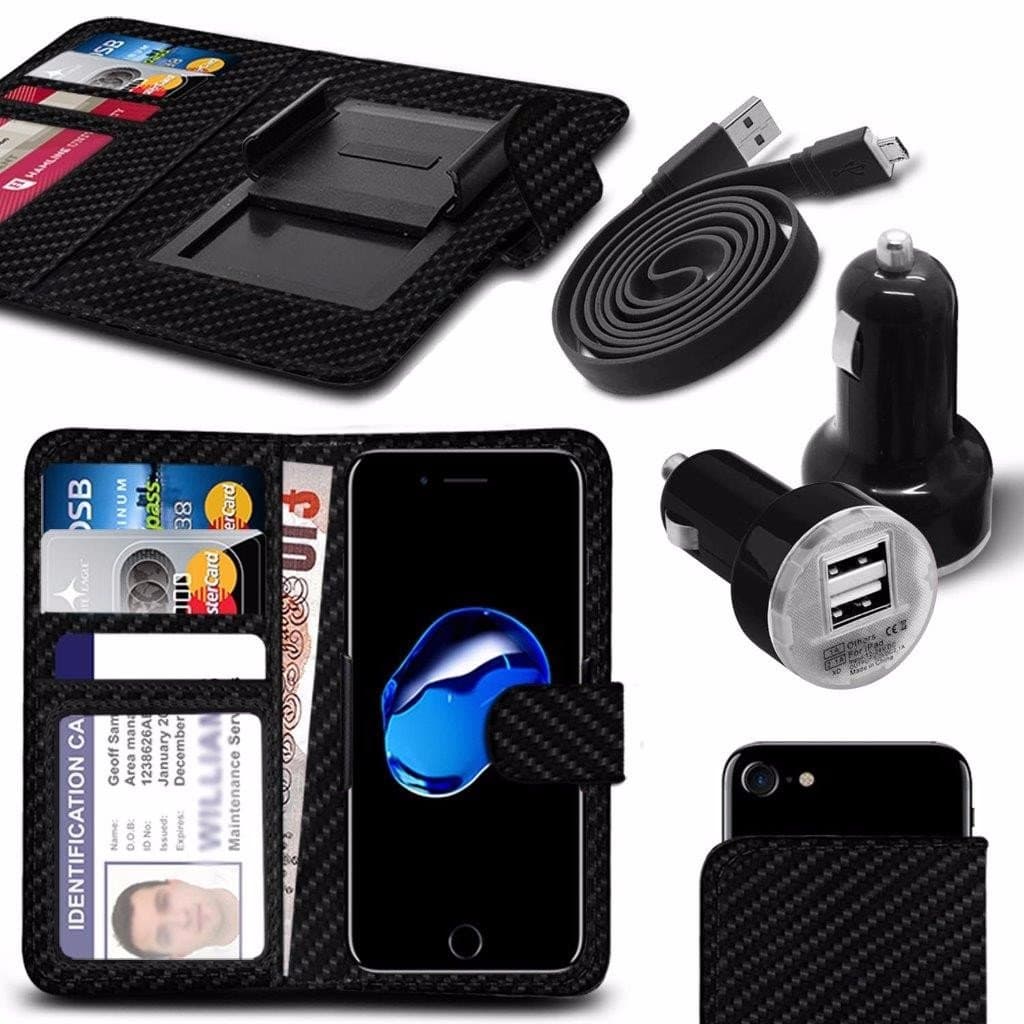 Vodafone MobiWire Kwanita (4") - Case Super Essentials Pack Clamp Spring Style PU Leather Wallet + Dual Bullet Charger + Micro USB 1 Metre Flat Data Cable - Carbon Black