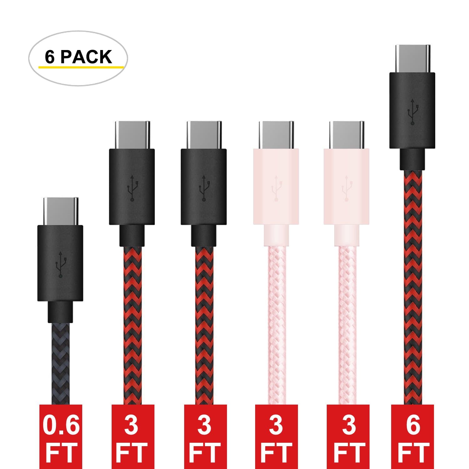 Gopala USB Type C Cable USB-C to USB 2.0 Cable (6-Pack: 0.6ft x1 + 3ft x 4 + 6.6ft x1) Charger Cord for Galaxy S8, S8+, MacBook, Nintendo Switch, Sony XZ, LG V20 G5 G6 and More (Multi Color)