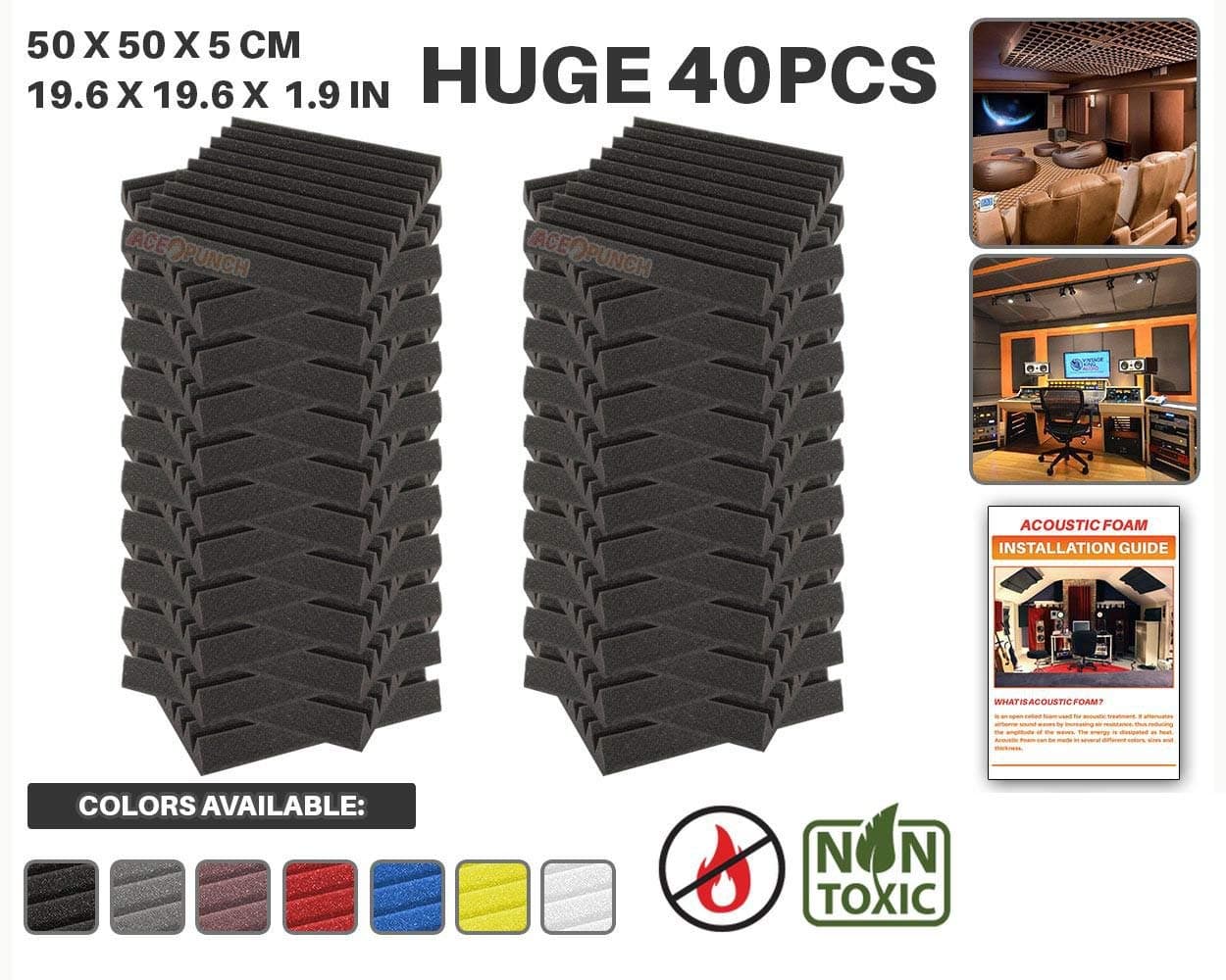 Acepunch 40 pcs BLACK Wedge Studio Foam Panel Sound Insulation Acoustic Treatment Soundproofing Wall Tiles 19.6" x 19.6" x 1.9" AP1134
