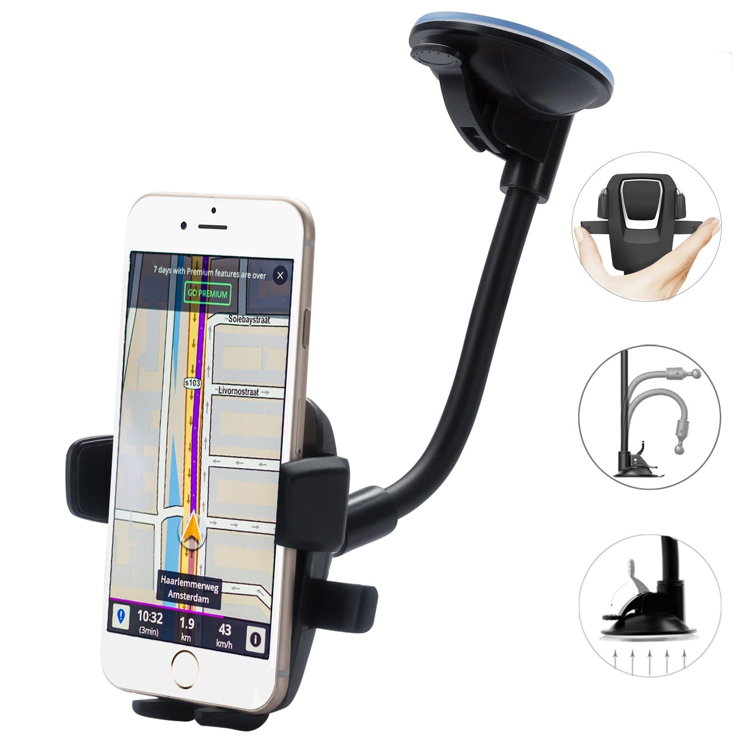 DREAMORE Car Mount, Long Arm Universal Windshield Dashboard Cell Phone Holder with Strong Suction Cup for iPhone 7 Plus 6 Plus 6S 5S SE Samsung Galaxy S6 S7 Edge (Black (Long Arm))