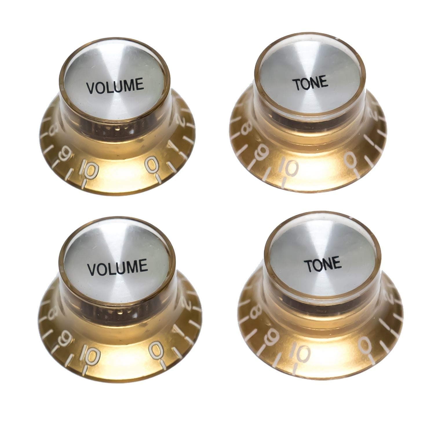 4 x Top Hat Volume & Tone Knobs Gold/Silver for Alpha Pots (Epiphone)