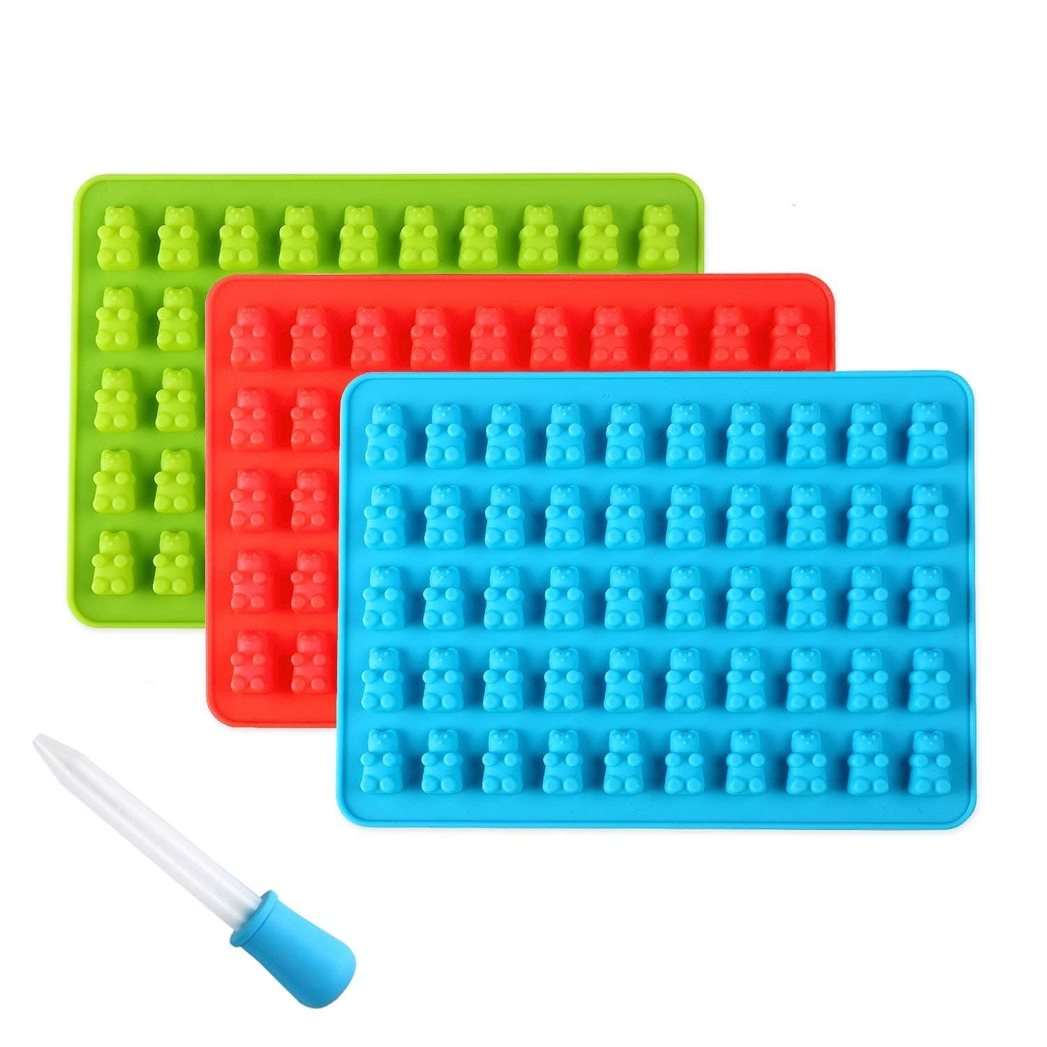 Lelva Candy Silicone Molds & Ice Cube Trays, 3 Pack Gumdrop Jelly Molds, Chocolate Molds, Gummy Bear Candy Molds with Bonus Dropper, (Blue, Green, Red)