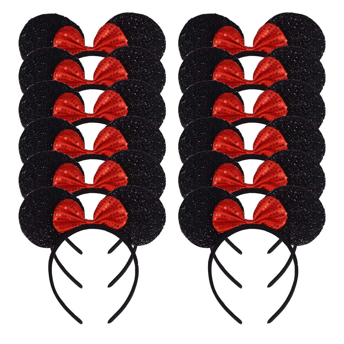 12 Pcs Black Glitter Red Sequin Bow Mouse Ears Headbands for Birthday Halloween Parties Mum Boys Girls Hair Accessories Lovely Headwear Decorations (Black Glitter Red Sequin)