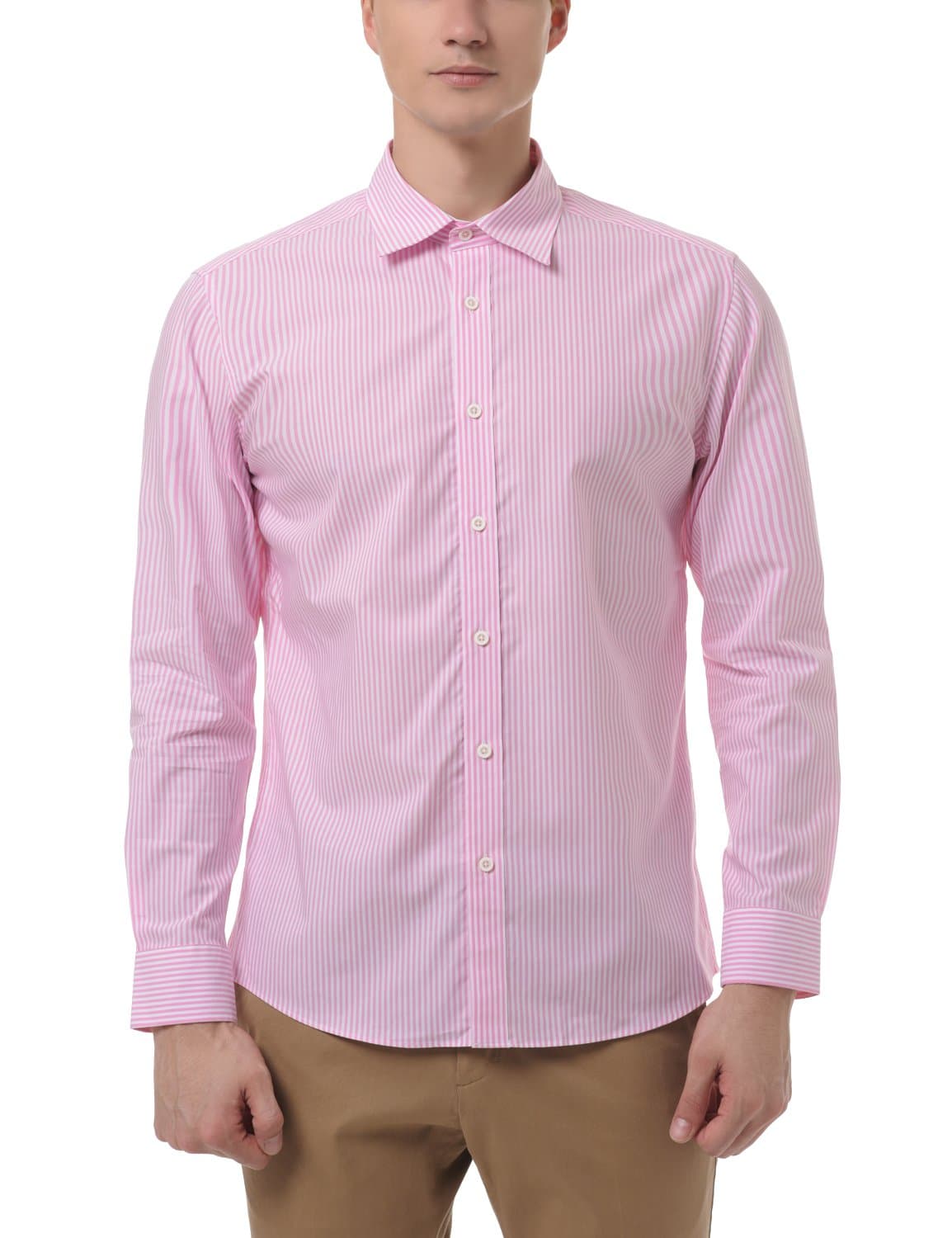 SPASSO Men's Basic Style Long-Sleeve Pink Stripe Shirt