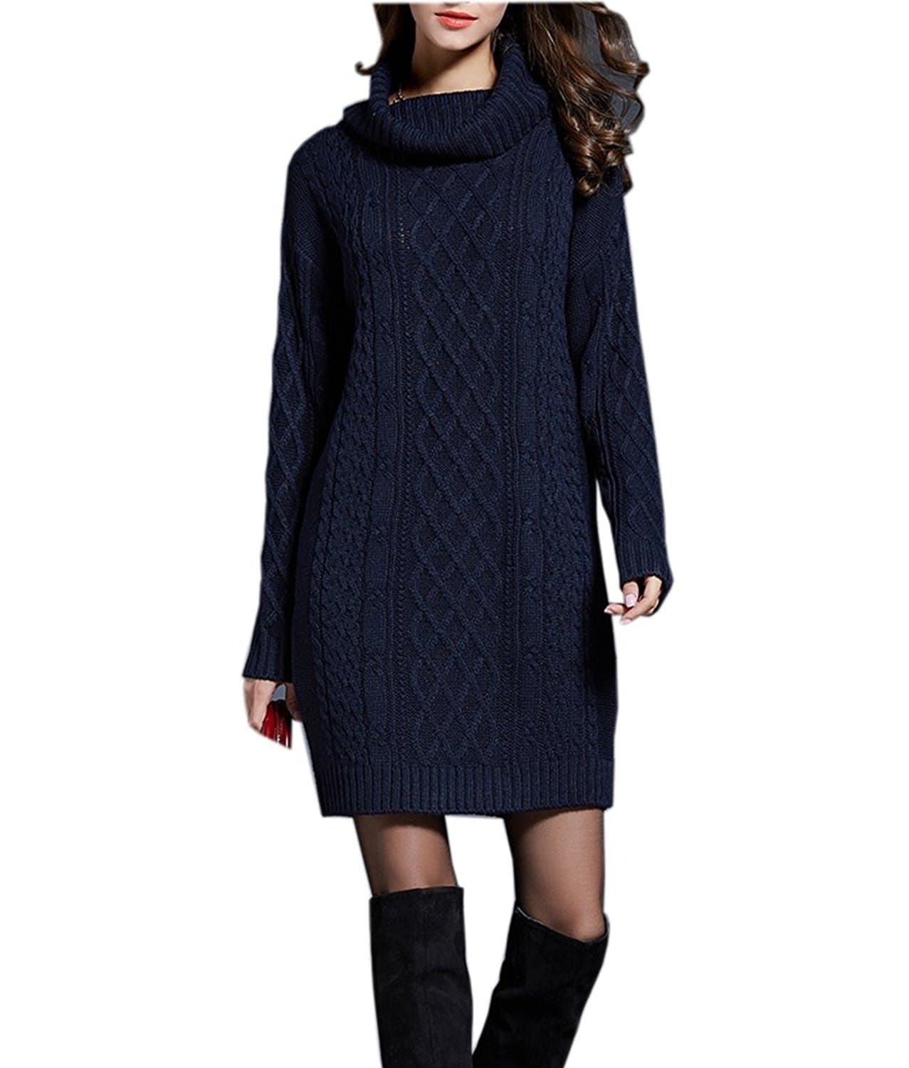 NUTEXROL Women's Long Sleeve Turtleneck Knit Thick Cable Pullover Sweater Dress (Small, Navy)