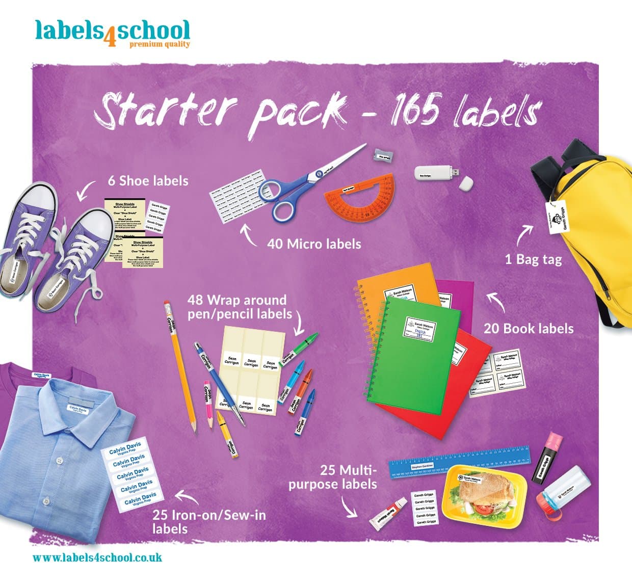 School Starter Pack - Multi Purpose Name Labels Mix Pack - 165 Labels