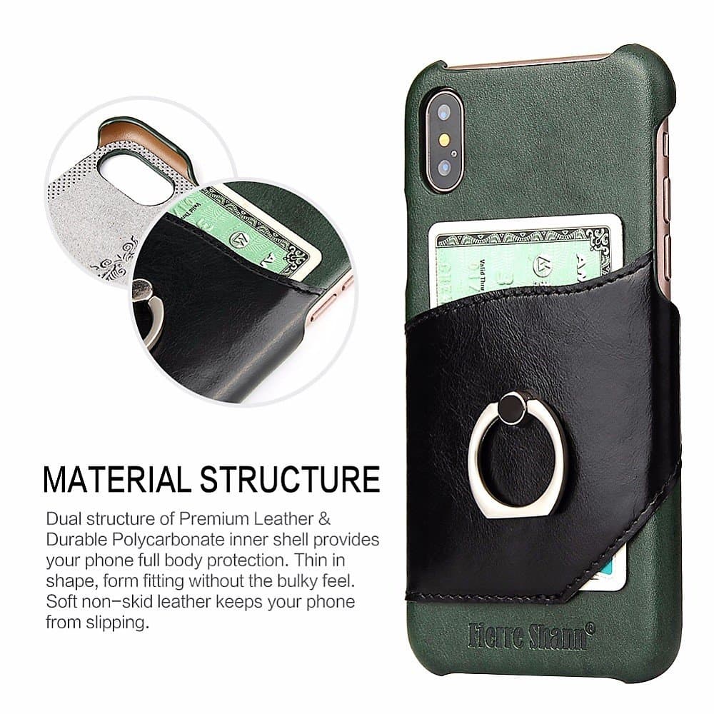 IPhone X Case Genuine Leather with Crafts Design , Ring holder 360 degrees adjustable ring rotating shockproof protective and card holder for Apple IPhone X - 2018 release , 5.8 inch , ( Green ) .