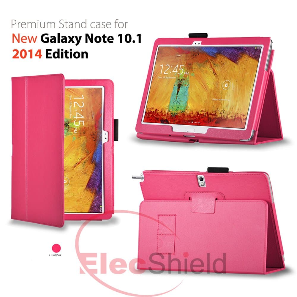 ElecShield Case for Samsung New Galaxy Note 10.1 2nd Tablet 2014 Edition Version Luxury Faux Leather Stand Case (Hot Pink)