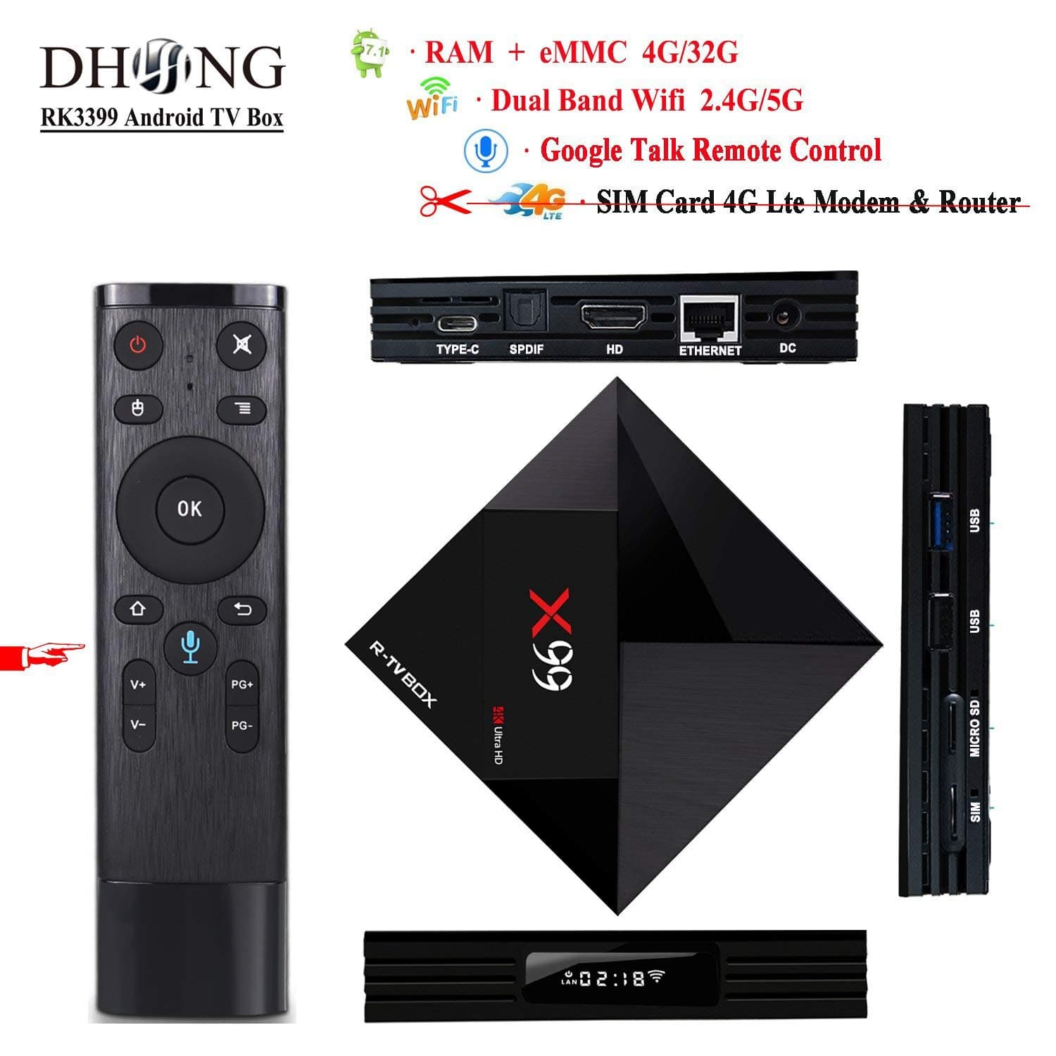 DHong X99 Android TV Box Google Voice Remote Control, 2018 Network Set-top Box Android 7.1 RK3399 6-Core 64-Bit Media Streaming Player, HDMI & TypeC Dual Display HDR 3D Devices 2.4G/5G WiFi [4G+64G]