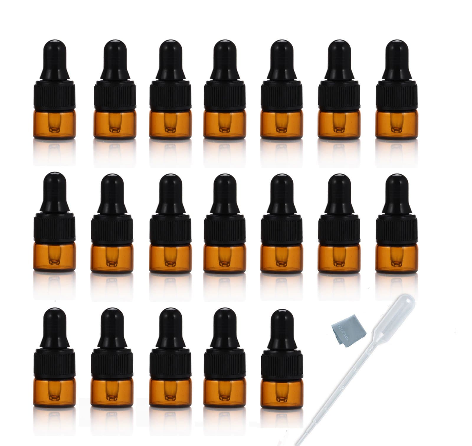 Simple-e 25pcs 1ml (1/4 Dram) Amber Mini Glass Bottle 1cc Amber Sample Vial Small Essential Oil Bottle with Glass Eye Dropper + 1pc Glass Clean Cloth + 1pc 1ml Dropper