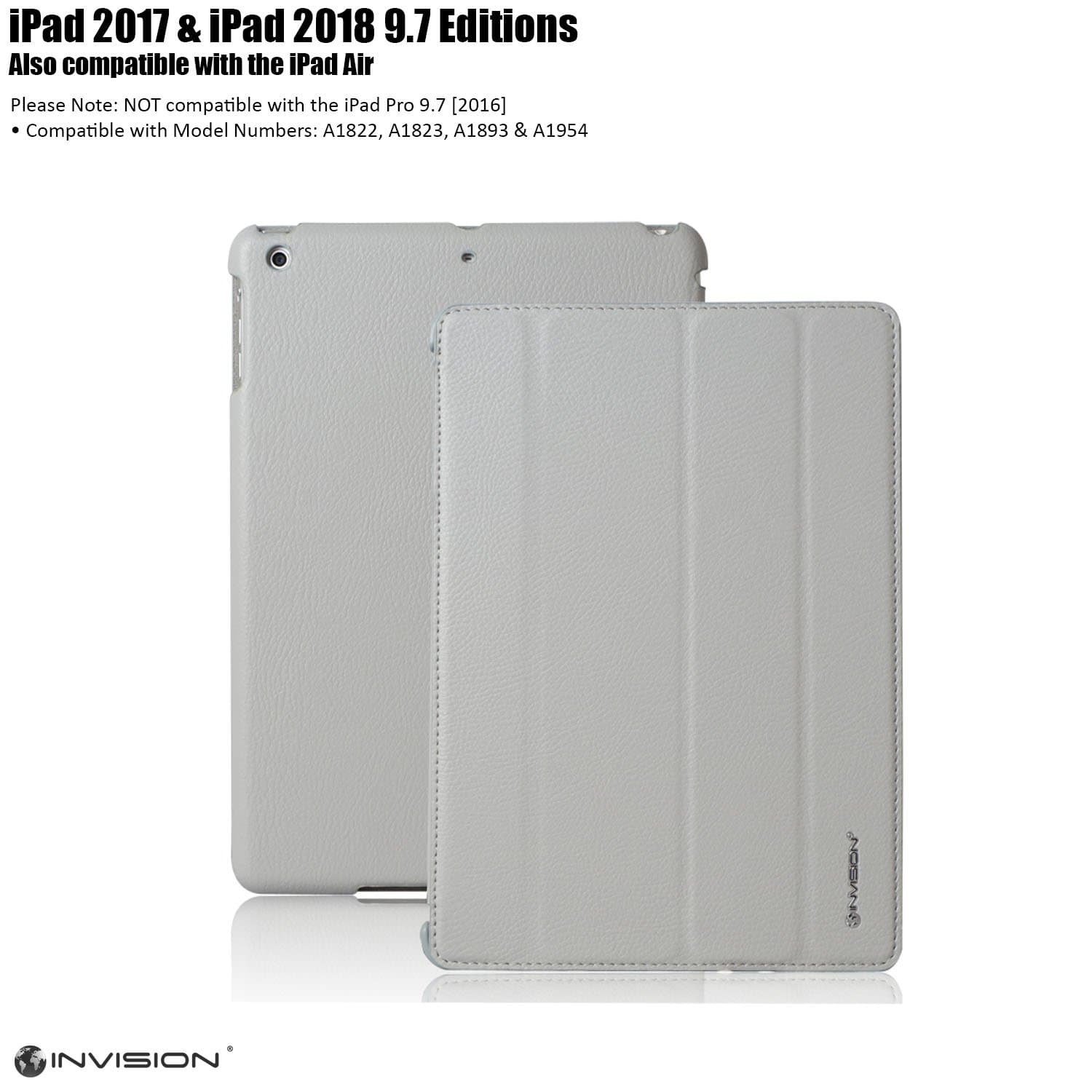 Invision iPad Case 9.7 inch 2018/2017 Protective Smart Cover with Triple-layer Protection & Reinforced Impact Zones – Quality PU Leather Finish & Microfibre Inner - Auto Sleep/Wake Function Grey