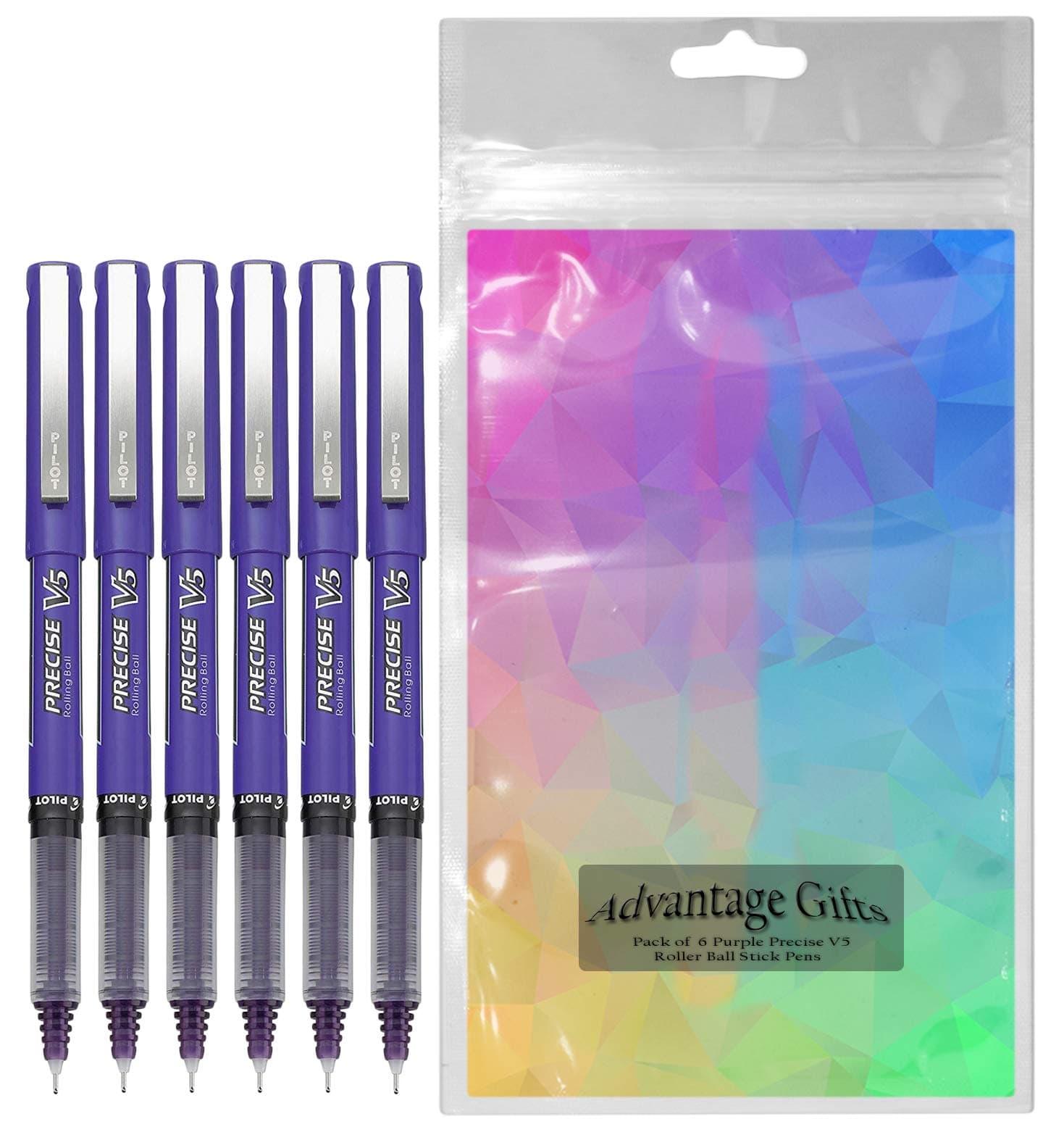 Pilot Precise V5 Stick Rolling Ball Pens, Extra Fine Point (.5mm), Purple Ink, 6-pk; Bundle with Plastic Reusable Pouch