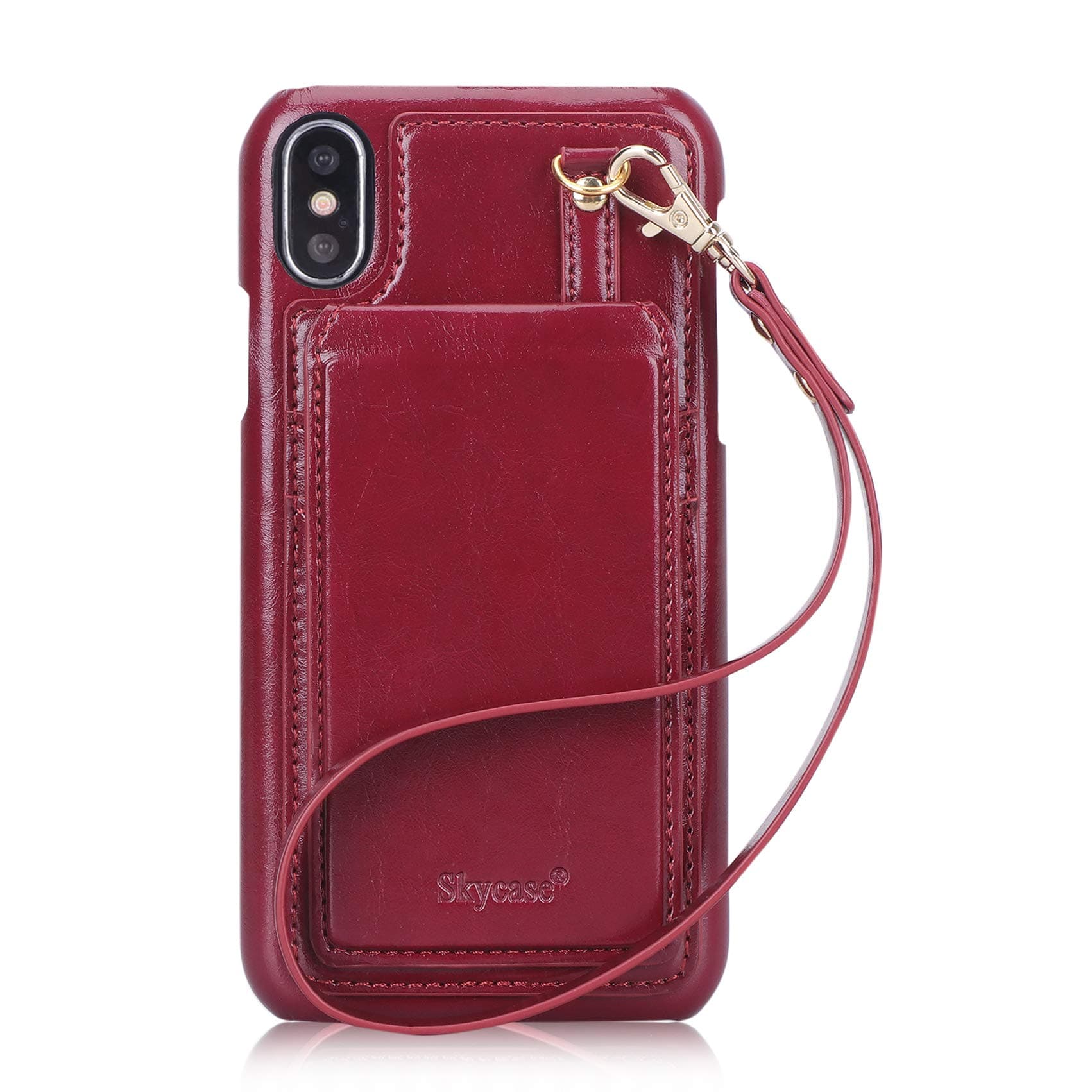 Skycase iPhone Xs Max (6.5") 2018 Case, iPhone Xs Max Wallet Case, Premium Leather Case Cover with Detachable Hand Strap, Card Slots and Makeup Mirror for iPhone Xs Max (6.5") 2018, Wine Red
