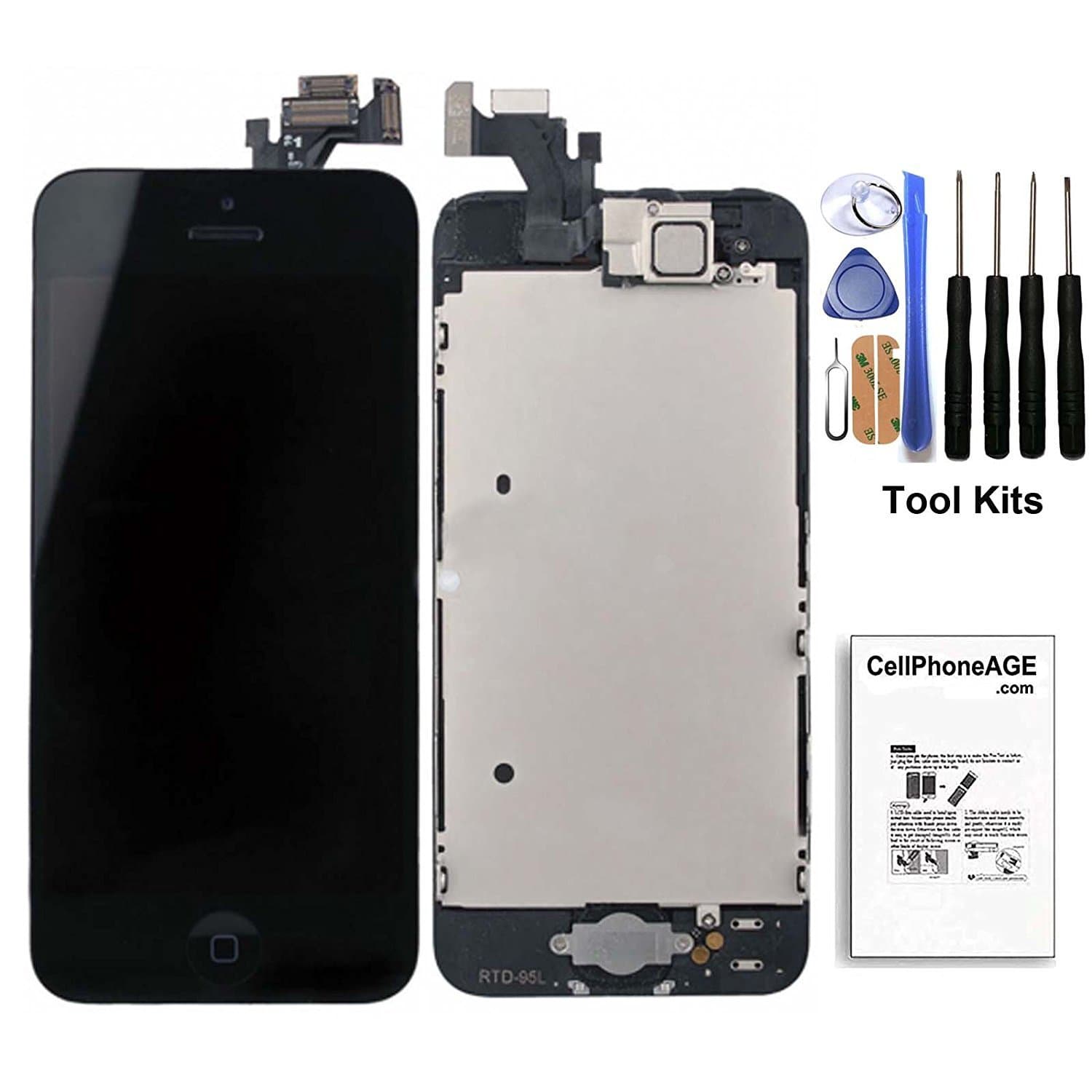 CELLPHONEAGE for iPhone 5 New LCD Touch Screen Replacement with Home Button and Camera Black Full Set with Spare Parts Digitizer Display Assembly Replacement + Free Tool Kits (Black)