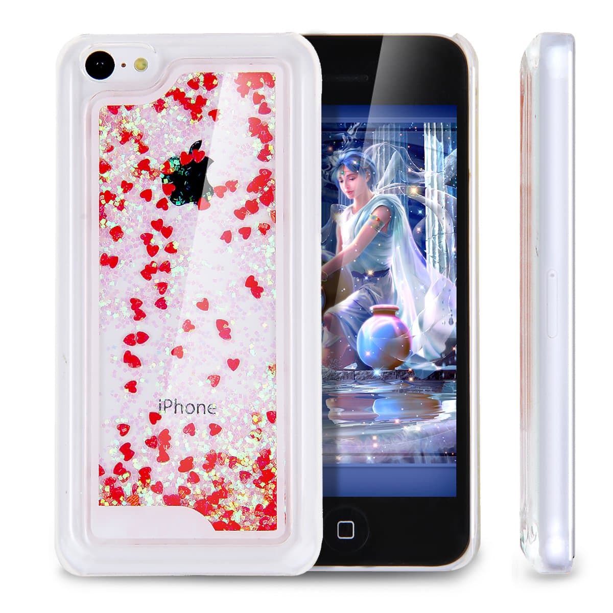 iPhone 5C Case, NSSTAR iPhone 5C [Bling Case], [Liquid Case] for iPhone 5C,Case for iPhone 5C,Hard Case for iPhone 5C, Fashion Creative Design Flowing Liquid Floating Luxury Bling Glitter Sparkle Love Heart Hard Case for Apple iPhone 5C (Love:Red)