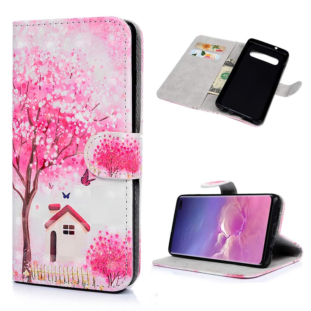 Case for Samsung Galaxy S10+ Plus, S10+ Flip Case Shockproof Folio Notebook Kickstand Card Slots 3D Effect Painting PU Leather Wallet TPU Bumper Shell Slim Fit Protective Cover Cherry Tree Cottage