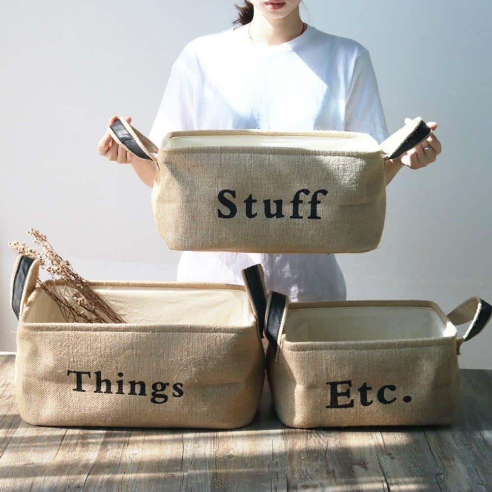 Home Décor Foldable Canvas Linen Storage Bins Boxes Storage Baskets Organizers for Kids Toys, Baby Clothing, Children Books, Gift Baskets (M/ Stuff)