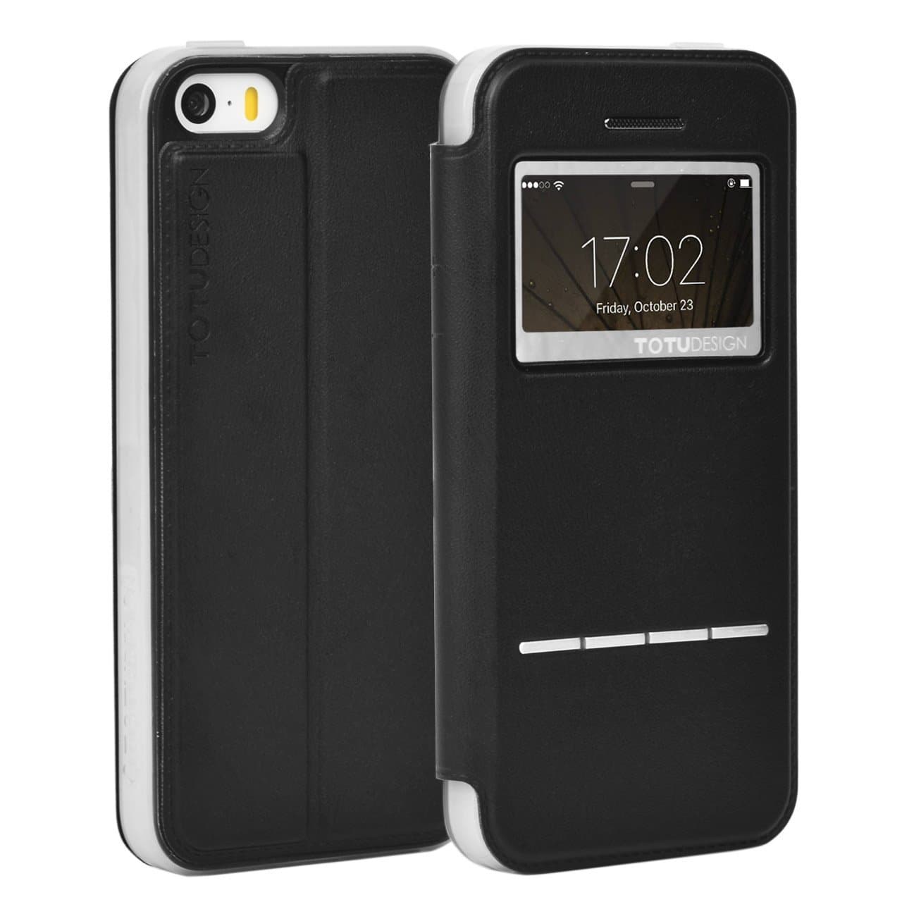 Slide to Answer Case iPhone5/5S/5SE Case, Chaldean Premium PU Leather Flip Case for iPhone 5s Black
