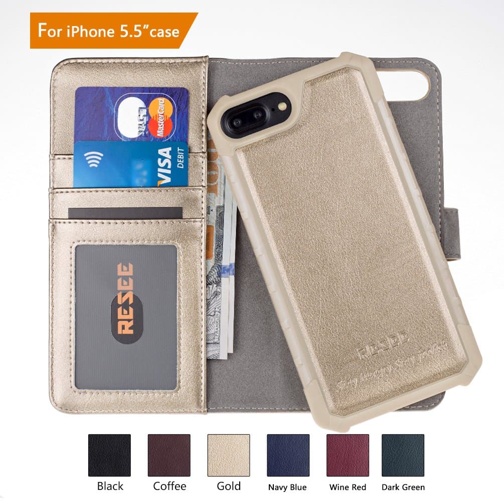 RESEE iPhone 7/8 Plus Wallet Case, iPhone 6s/6 Plus Case, [Detachable 2 in 1 Cover] PU leather Magnetic Flip Cover With Card Holder RFID Blocking Shock Absorption For Apple iPhone 5.5 Inch - Gold