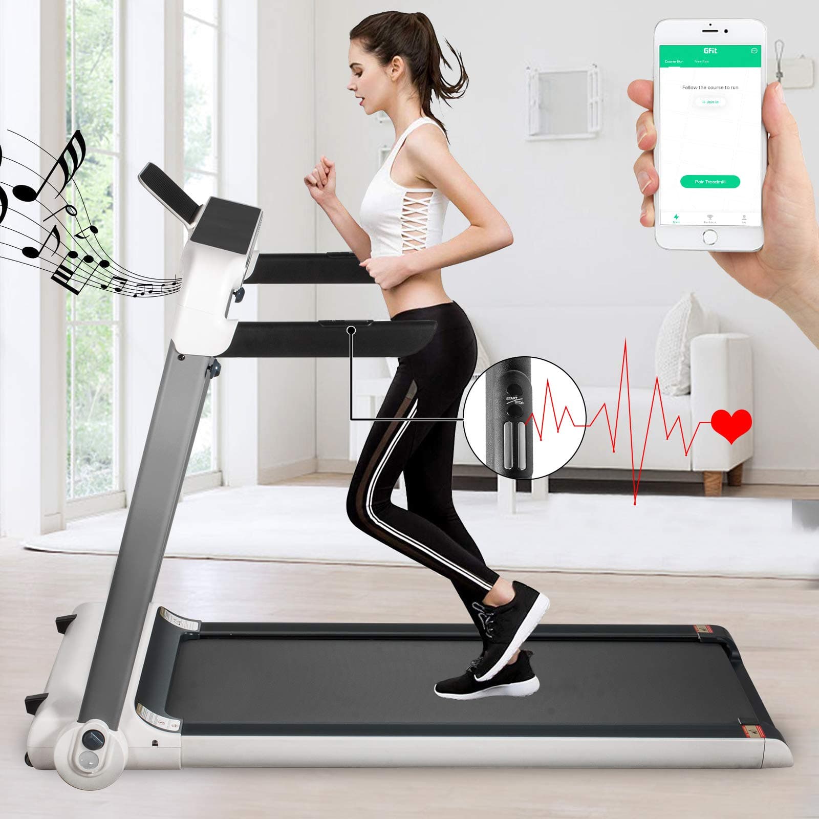 LOVSHARE Folding Running Treadmill 2in1 LED Display Folding Treadmill Pulse Sensor Monitor Heart Walking Speed Under Desk Treadmill Portable Compact Treadmills for Running Home Office Workout App