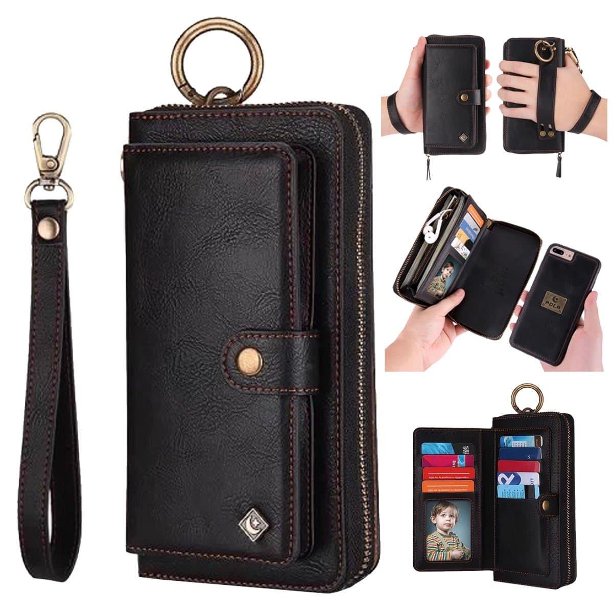 AIFENGCASE Case Compatible with iPhone 8 Plus/iPhone 7 Plus,Wallet Case for Women Men Girl,Wristlets Clutch Zipper Leather Pouch Wallet Flip Phone Case Card Holder Magnetic Detachable Back Cover,Black