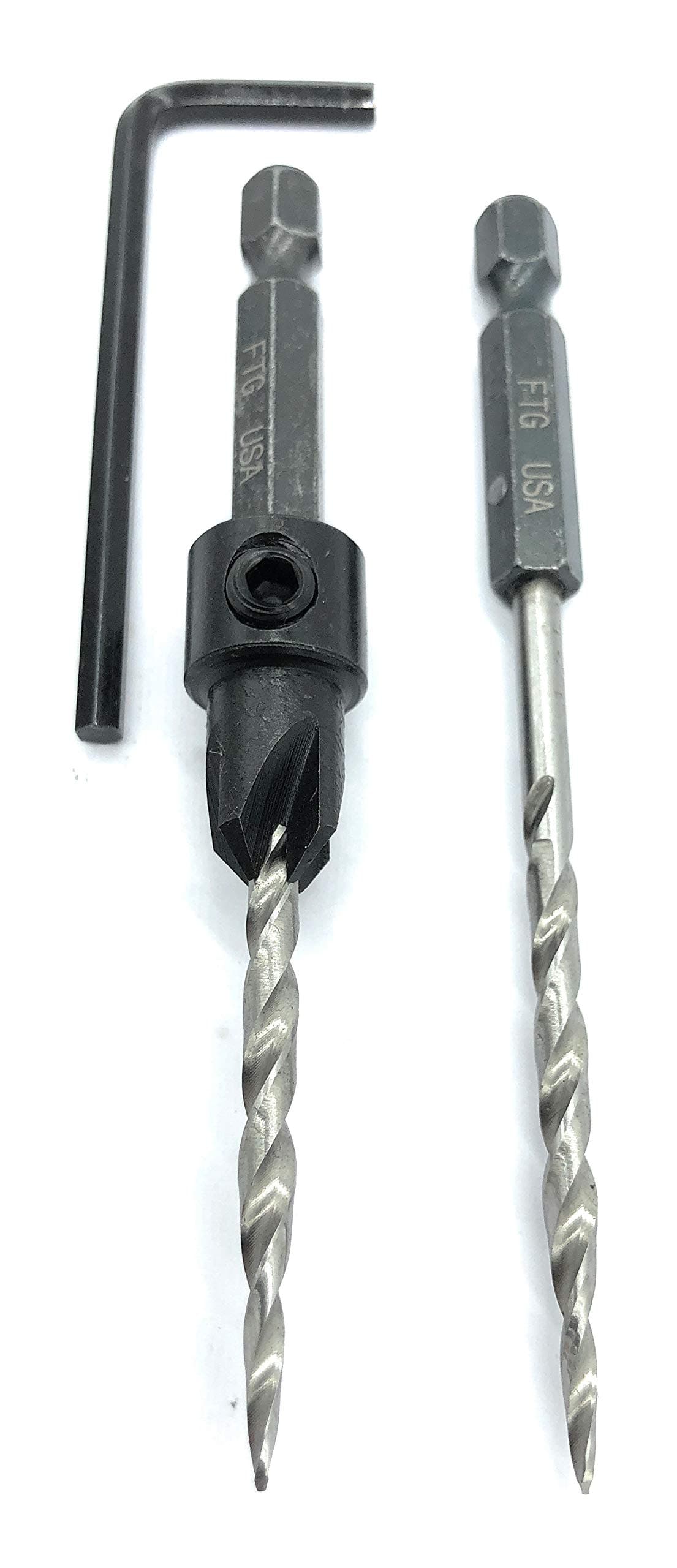 FTG USA Adjustable Wood Countersink Drill Bit Set #6 (9/64") with 1 Replacement HSS M2 Woodworking Tapered Drill Bit Secured with Pin Maximum Torque and 1 Hex Wrench (1/8" Allen Key) Included