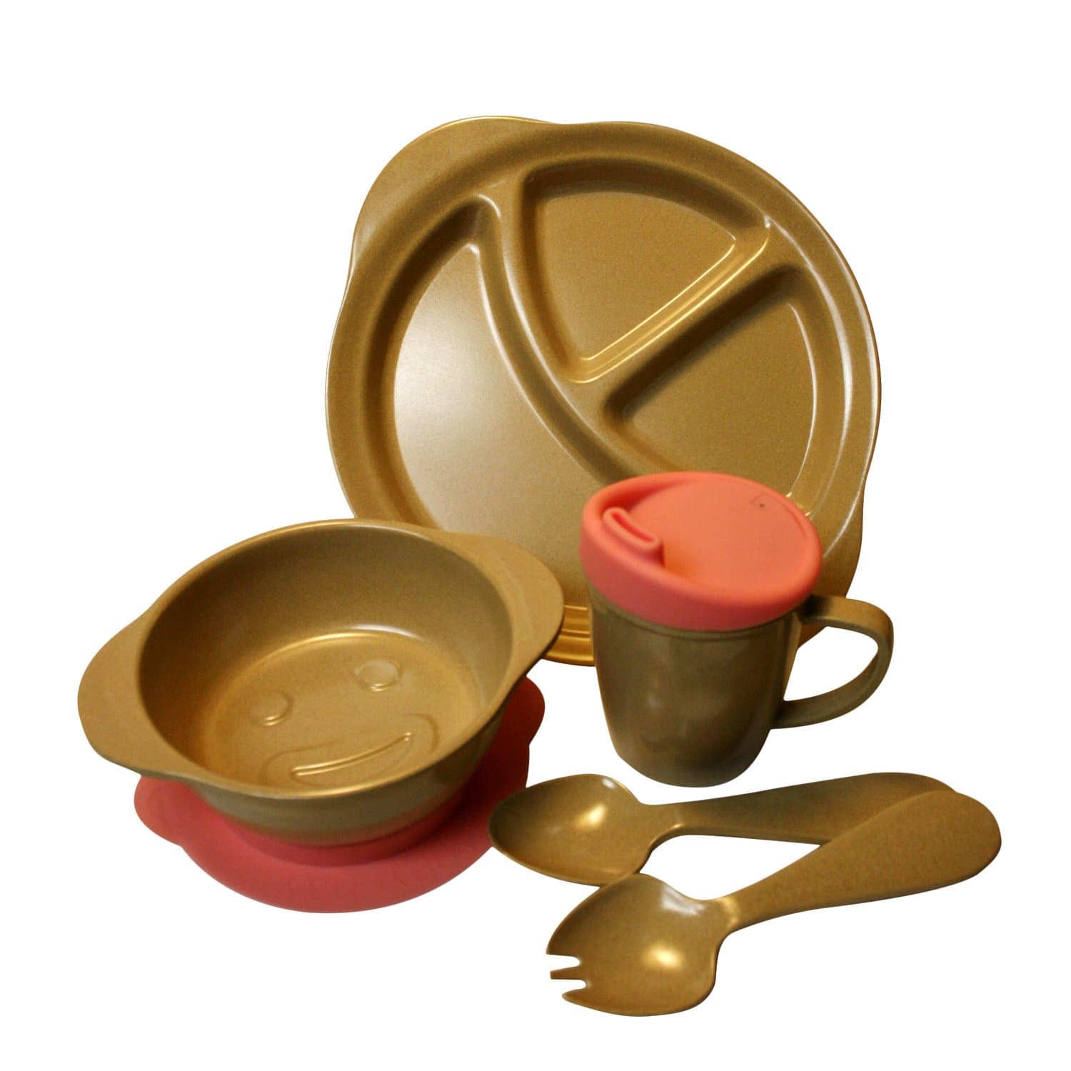 Eco Friendly Childs Complete 7 Piece Dinnerware Set with Pink Silicone Bowl Base and Sippy Cup Lid
