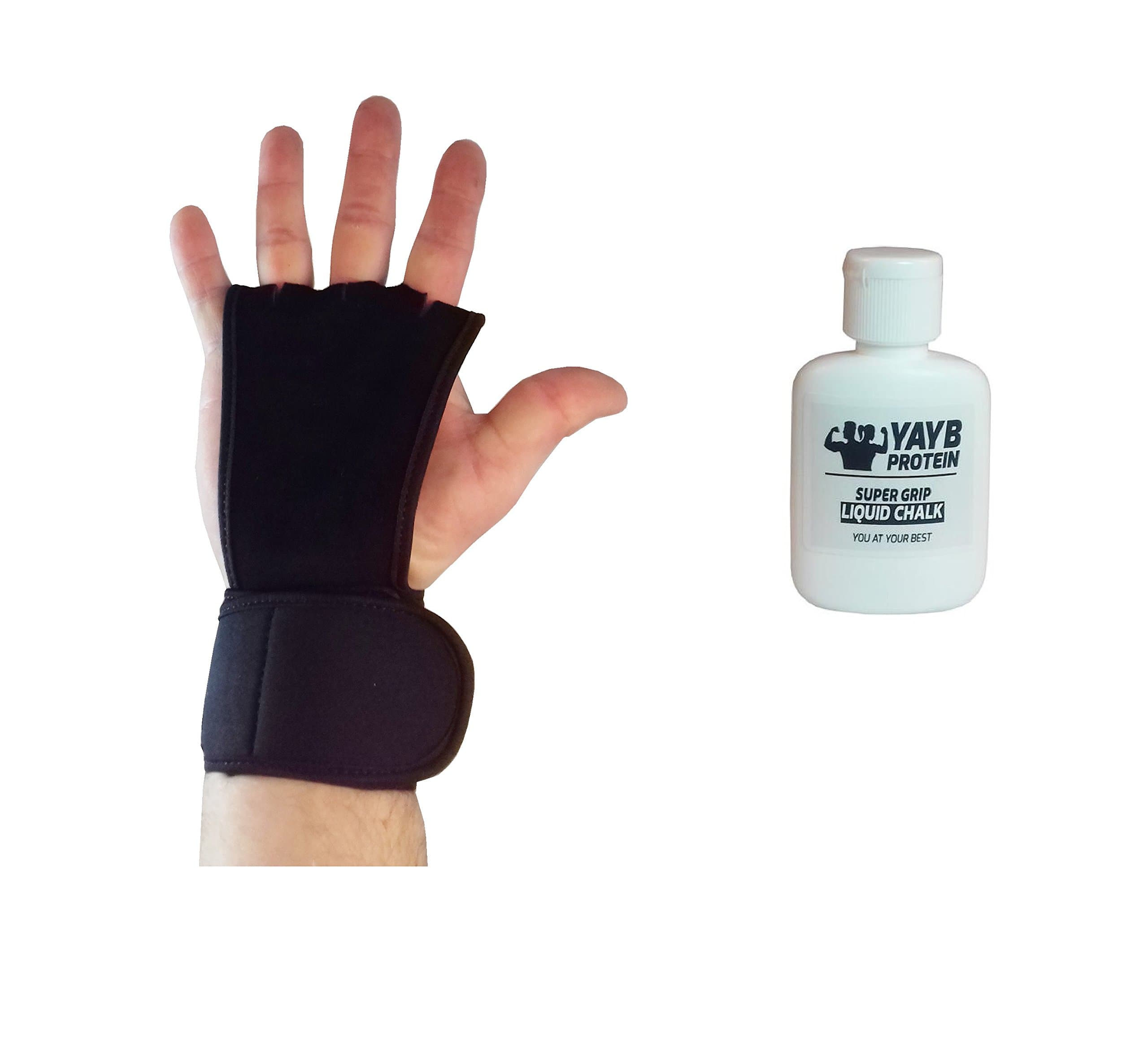 YAYB Protein Open Gloves (pair) +35ml liquid chalk Bundle - Fingerless Gloves For Gym - Gymnastics Grips - Protect Your Hands From Rips and Tears