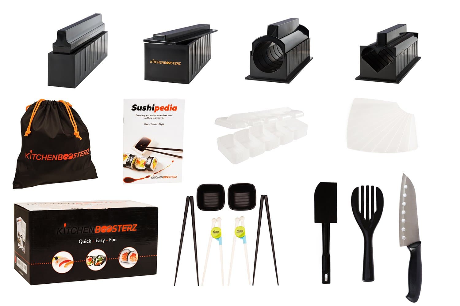 Sushi Making Kit - 17 Piece Beginner Set - 10 Shape Moulds, Knife, Spatula, Fork, Chopsticks, Sauce Dishes & Sushi Maker Guide Book - Black - by KitchenBoosterz