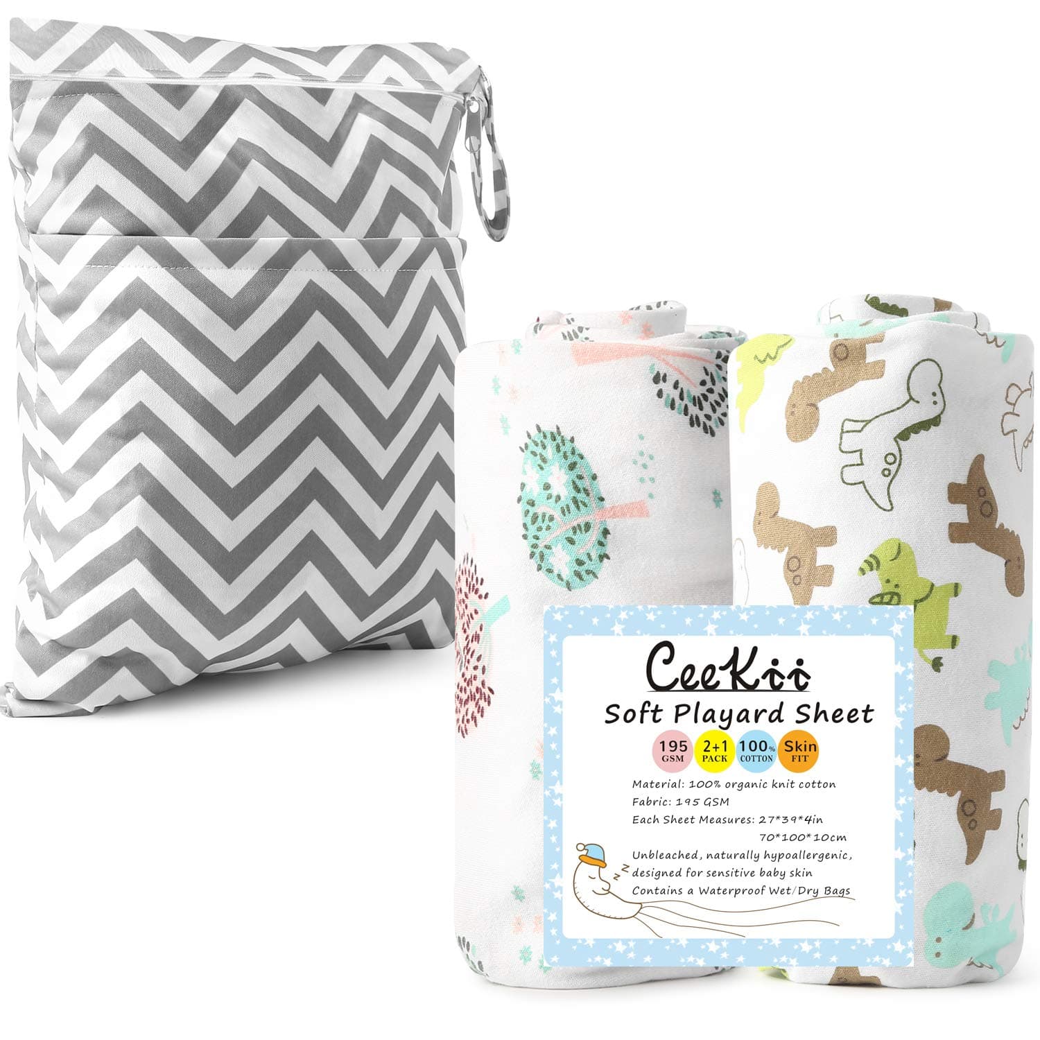 Portable Playard Sheets Mini Crib Fitted Sheets Set 2 Pack and 1 Pack Diaper Wet/Dry Bags,Washable Travel Bags with 2 Pockets