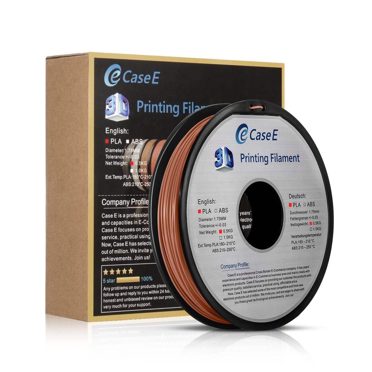 Case E PLA 0.5Kg 3D Filament for Printer and Pens, 1.75mm Diameter, Dimensional Accuracy +/- 0.03 mm，Multiple Colour for Choose (Coffee)