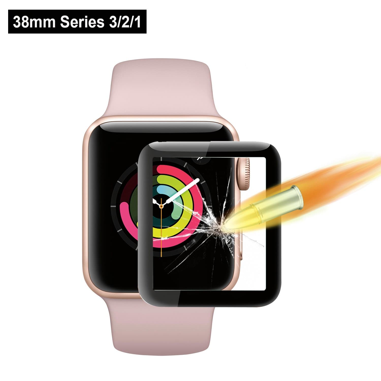 AKWOX 3D Full Coverage Tempered Glass Screen Protector for Apple Watch 38mm Series 3/2/1 - [0.3mm 9H Hardness] [Anti-Scratch] [Bubble Free] (Black)