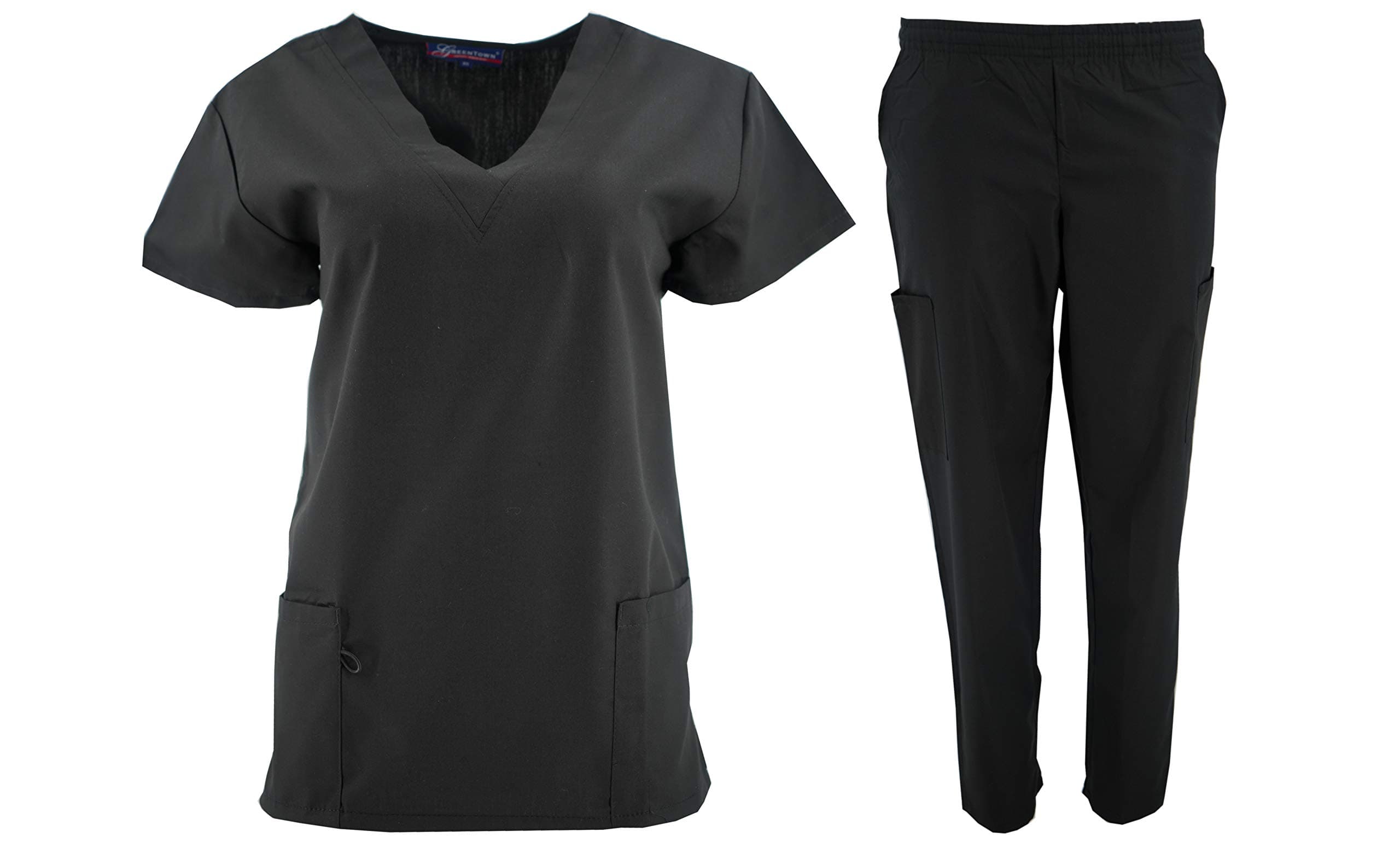 Womens V-Neck Solid Scrub Set Top and Pant 2 Piece Sets Sizes XS-5XL (4XL, Black)