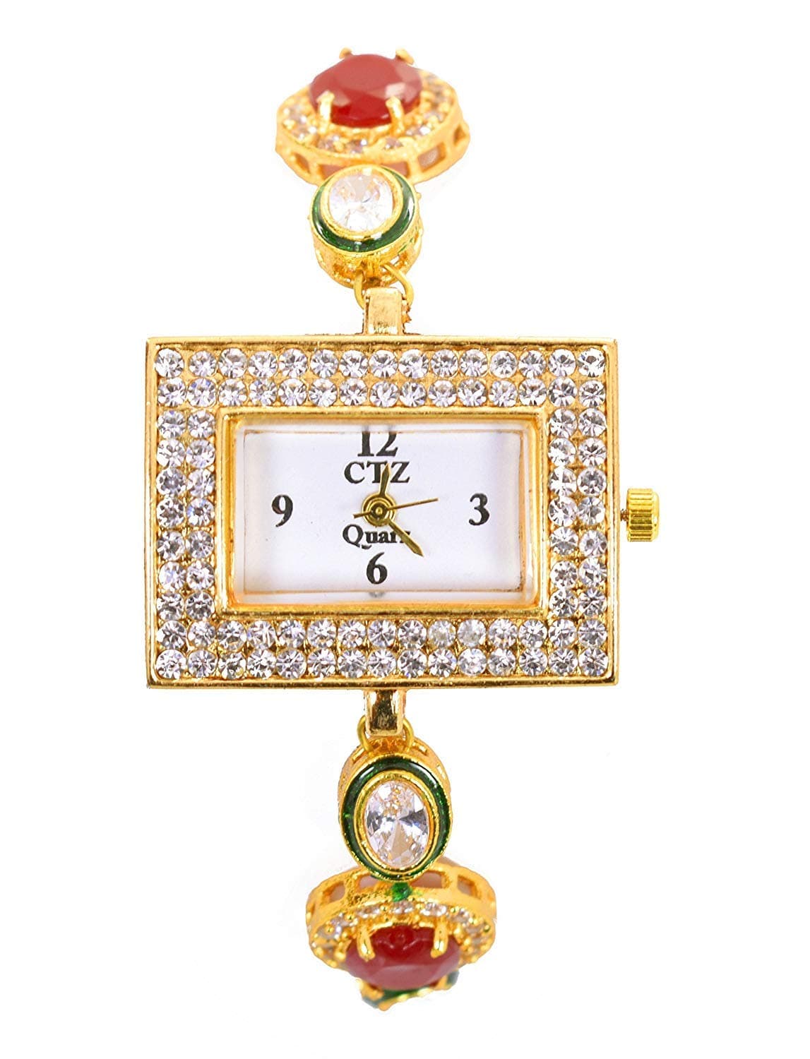 Renown Kundan Gold Plated American Diamond Analog Rectangular Dial with Adjustable Chain Bracelet Watch for Women/Girls- 1pc Set