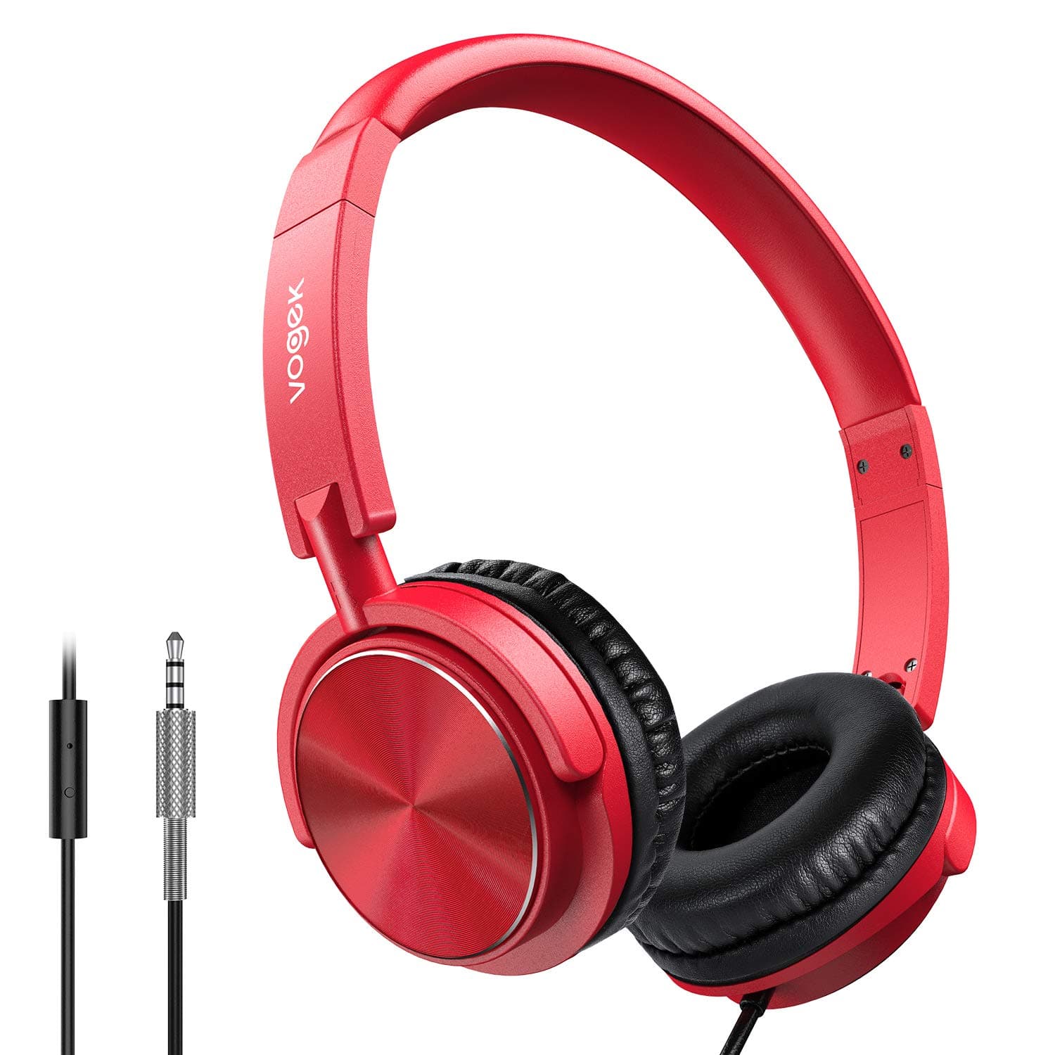 Vogek Wired Headphones with Microphone, Foldable On Ear Headset with Deep Bass, Adjustable Headband and Noise Isolation for Smartphone Computer Laptop Chromebook Zoom Discord (Red)