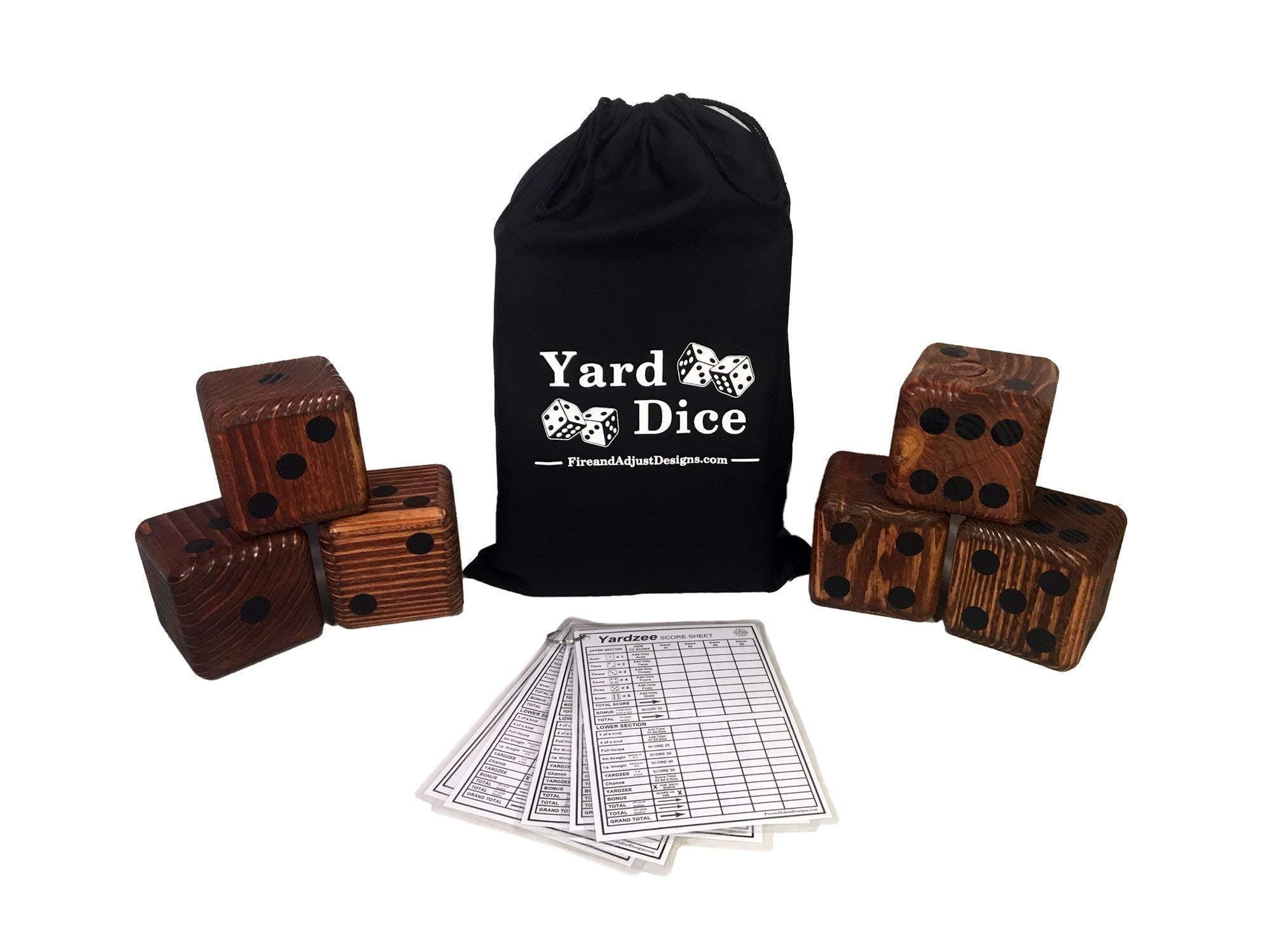 Yard Dice Giant Wooden Yard Game, 6 Solid 3.5" Wood Dice, Storage Bag, 5PK 5"x7" Yardzee and Yarkle Dry Erase Score cards - Jumbo Yard Games Great for Weddings, family reunions, Backyard BBQs and more