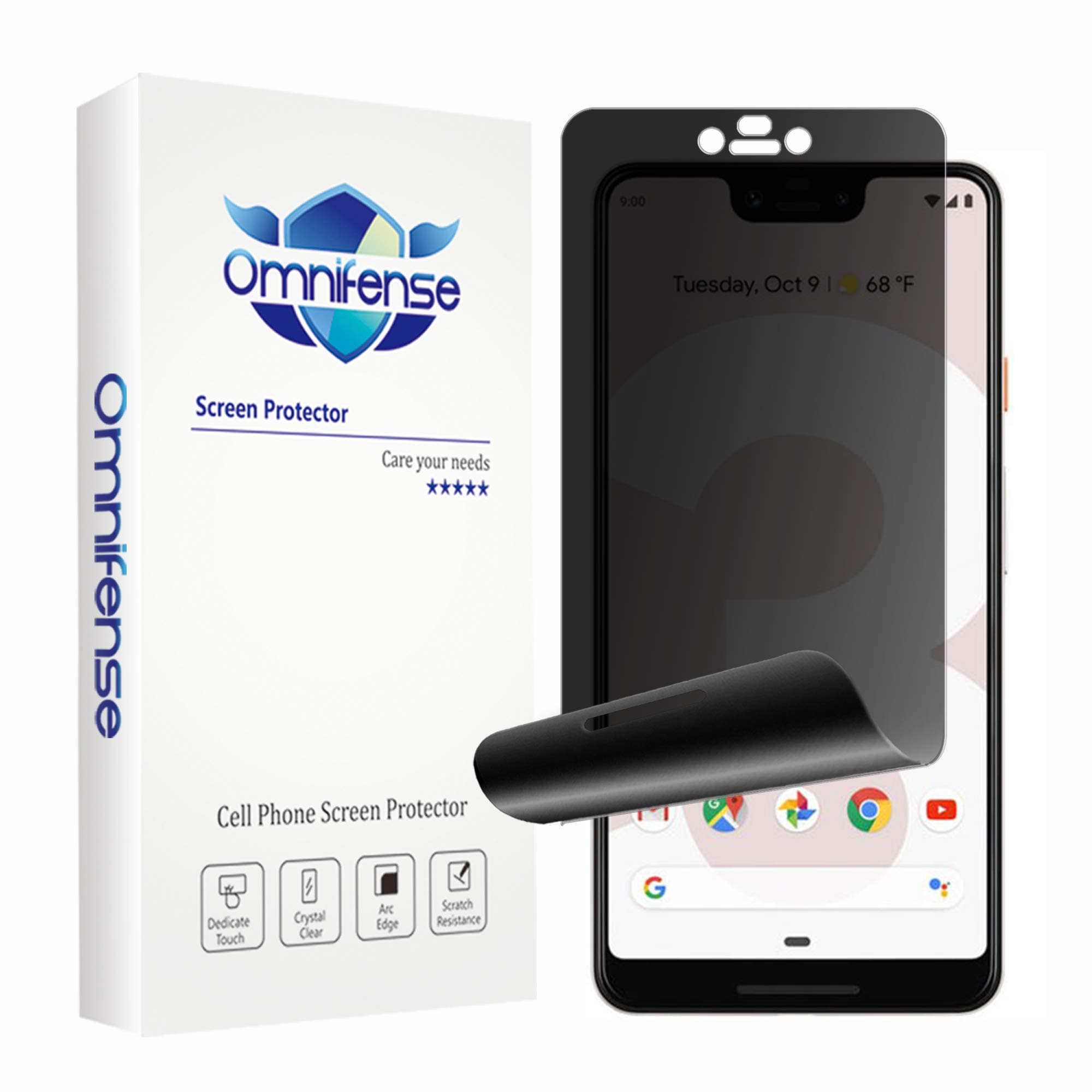 Google Pixel 3 XL Privacy Screen Protector, 2-Way Anti Spy (2 Pack) Full Coverage Full Adhesive Glue Nano Shield, Omnifense 3D Curve Fit Soft Film (NOT Tempered Glass) for Google Pixel 3XL