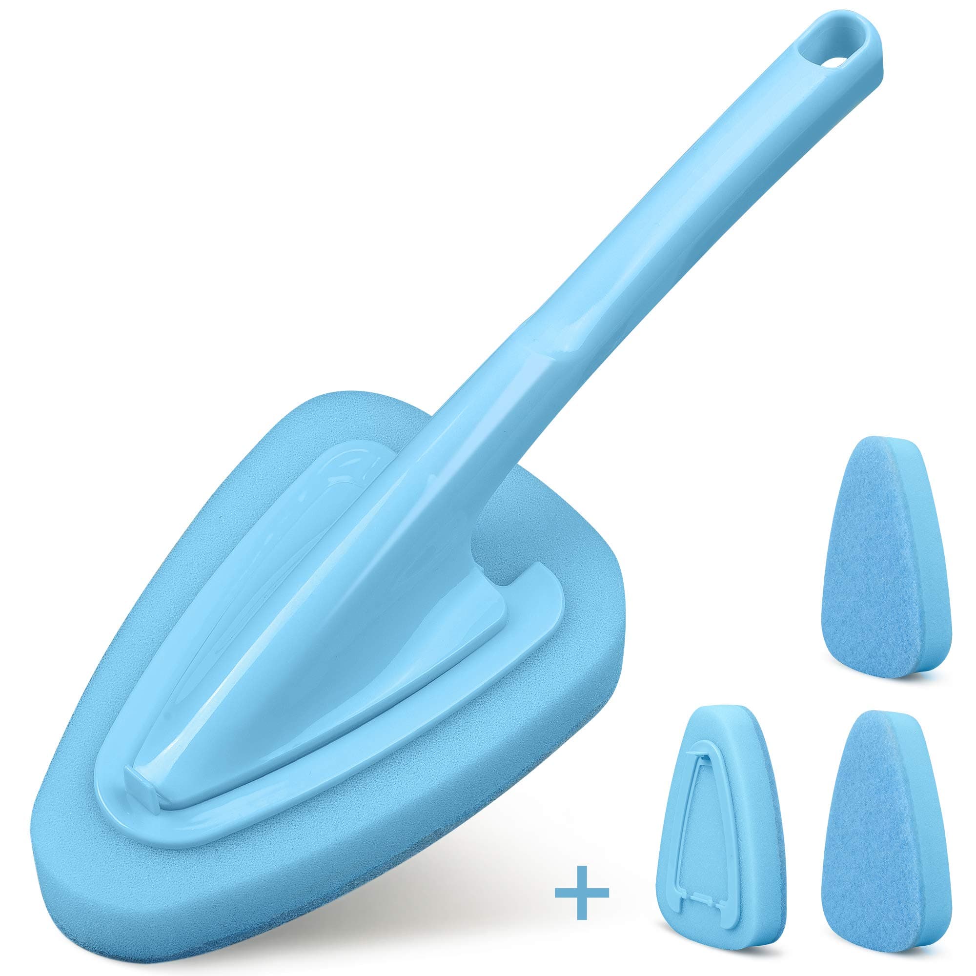Long Handled Brush with Replaceable Sponge Head Scrubber Brush for Cleaning Sink floor,Tub and Toilet 1pc handle and 4pcs sponge (blue)