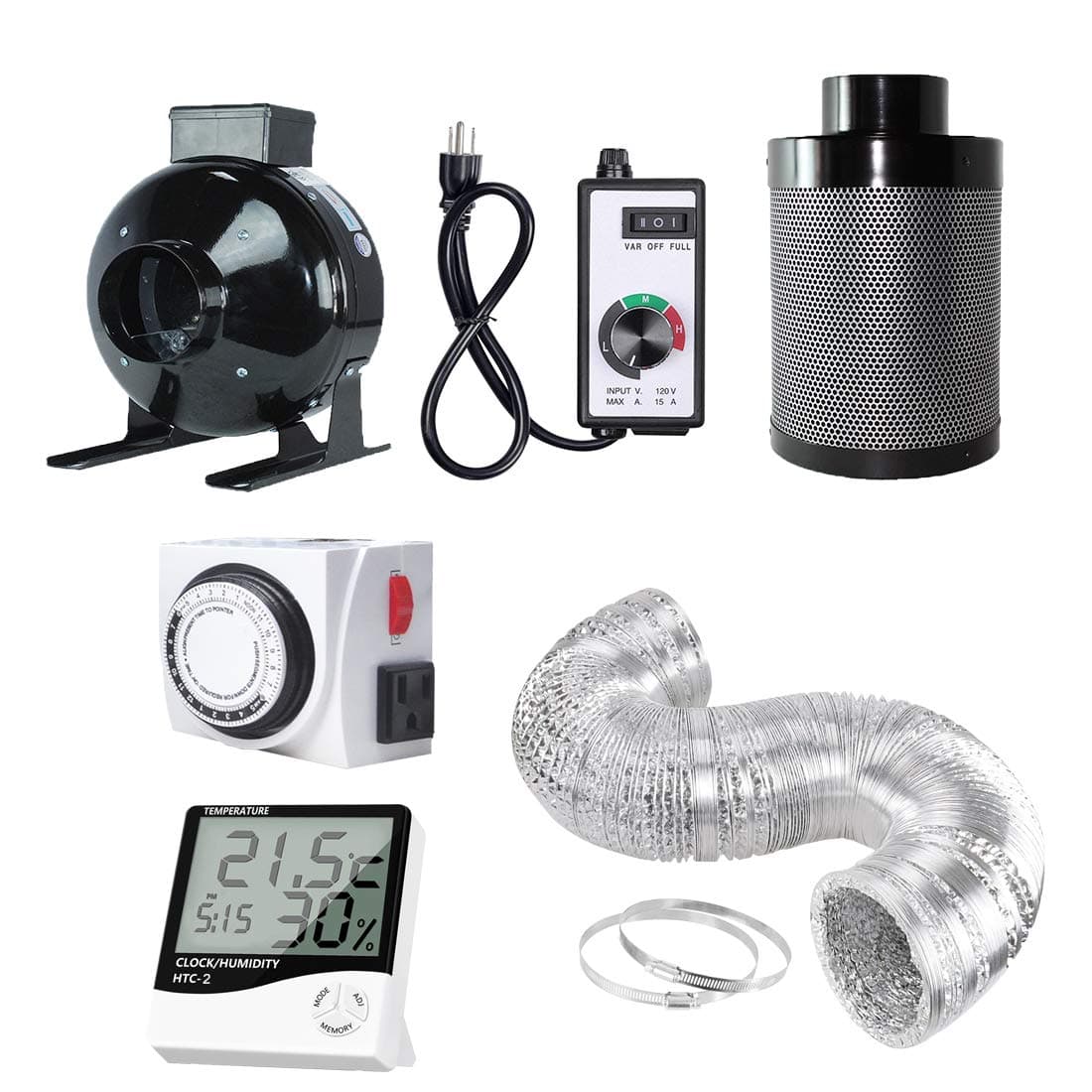 4" Carbon Filter Kit Combo Inline Ventilation Fan+Ducting+Timer+Hygrometer Thermometer+Fan Speed Controller for Indoor Plants Growing System (4'' Ventilation Kit)