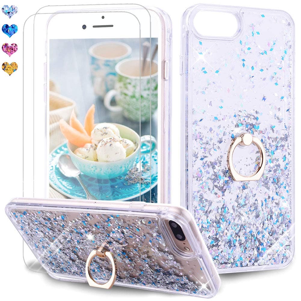 Feyten iPhone 8 Plus/iPhone 7 Plus Case with Tempered Glass Screen Protector [2 pack], Sparkly Glitter Bling Flowing Liquid Floating Case Cover with Kickstand for iPhone 8/7 Plus 5.5" (Silver)