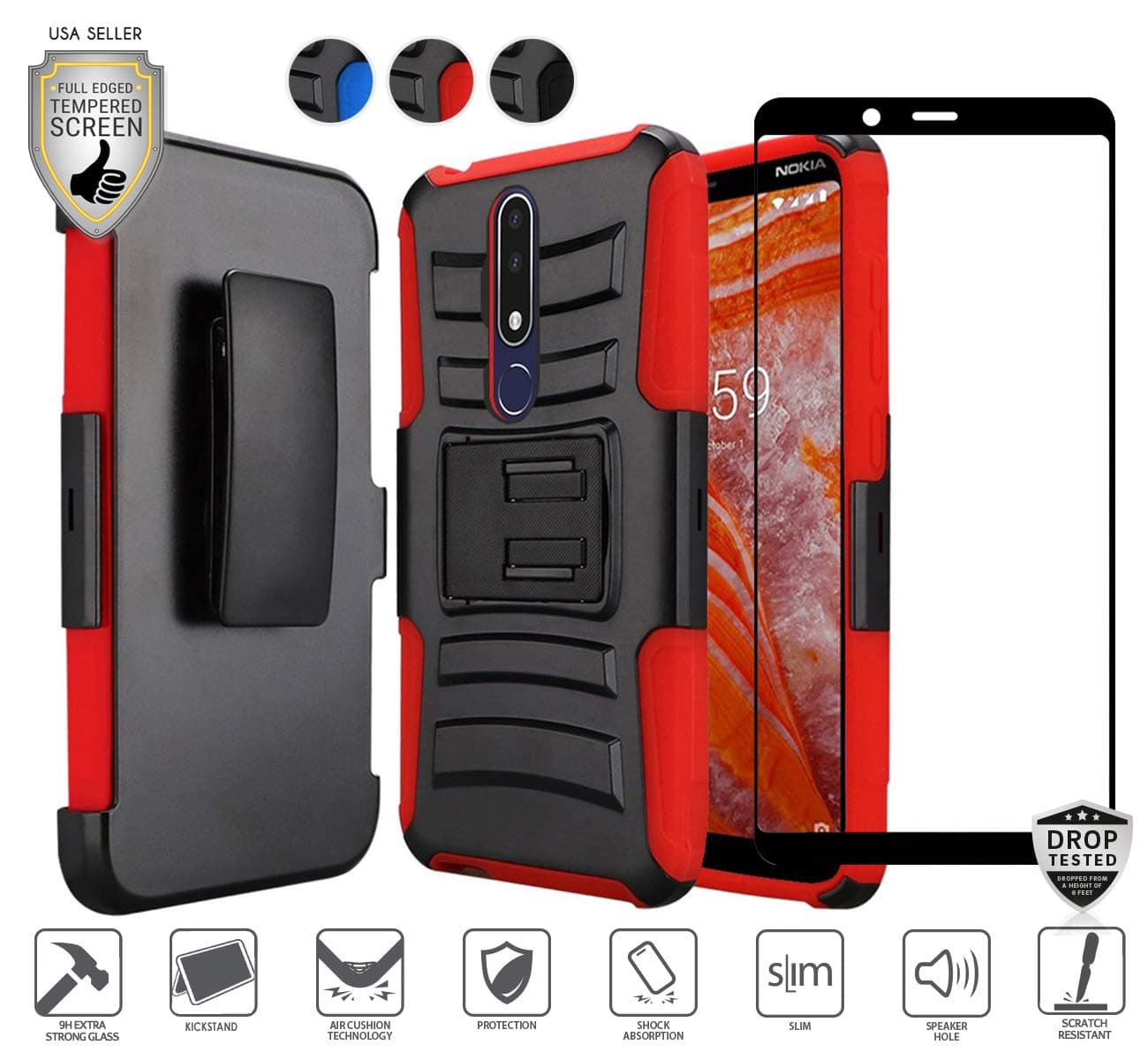 Compatible for Nokia 3.1 Plus Case with Full Edged Tempered Glass Screen Protector, Premium Holster Combo Case [Clip] with Stand [Shockproof] [Armor] [Rugged] Case (Red)